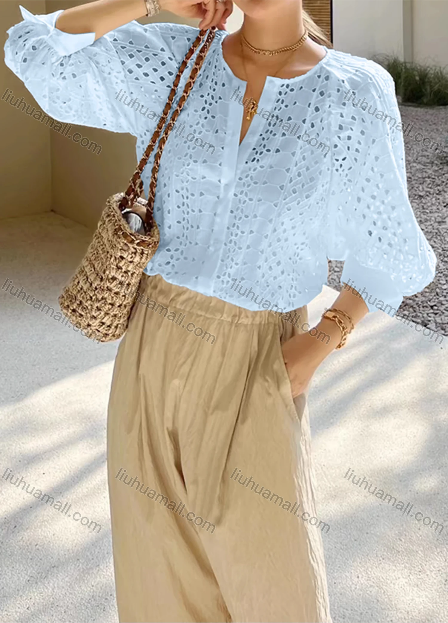 Wholesale Women's Casual Plain 3/4 Sleeve Crew Neck Hollow Out Button Down Blouse - Liuhuamall