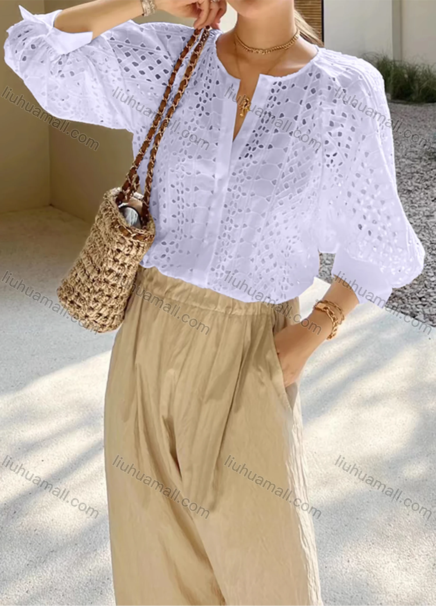 Wholesale Women's Casual Plain 3/4 Sleeve Crew Neck Hollow Out Button Down Blouse - Liuhuamall