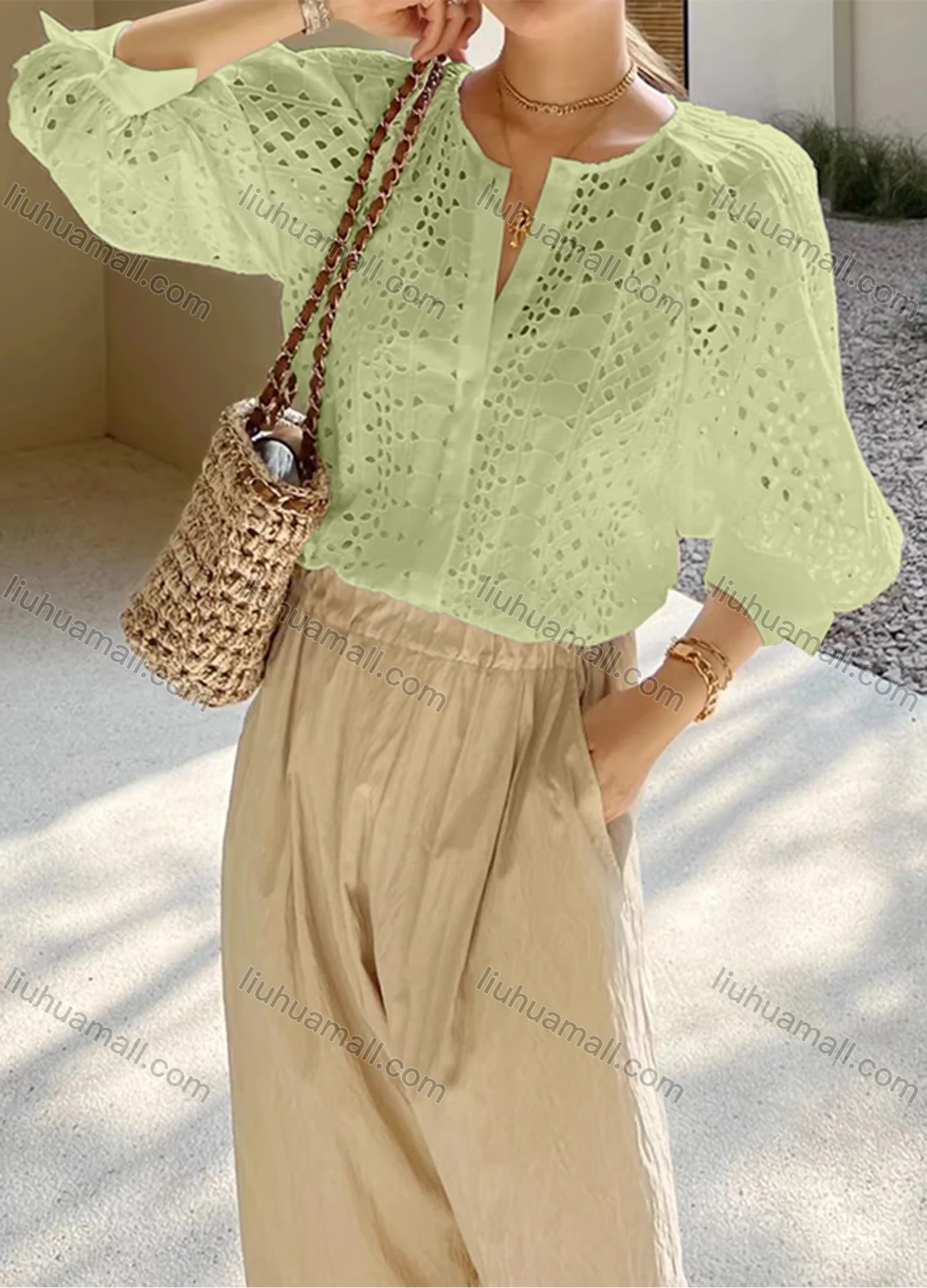 Wholesale Women's Casual Plain 3/4 Sleeve Crew Neck Hollow Out Button Down Blouse - Liuhuamall