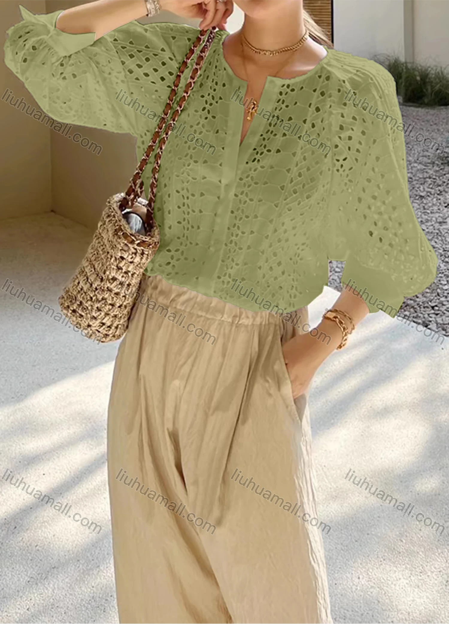 Wholesale Women's Casual Plain 3/4 Sleeve Crew Neck Hollow Out Button Down Blouse - Liuhuamall