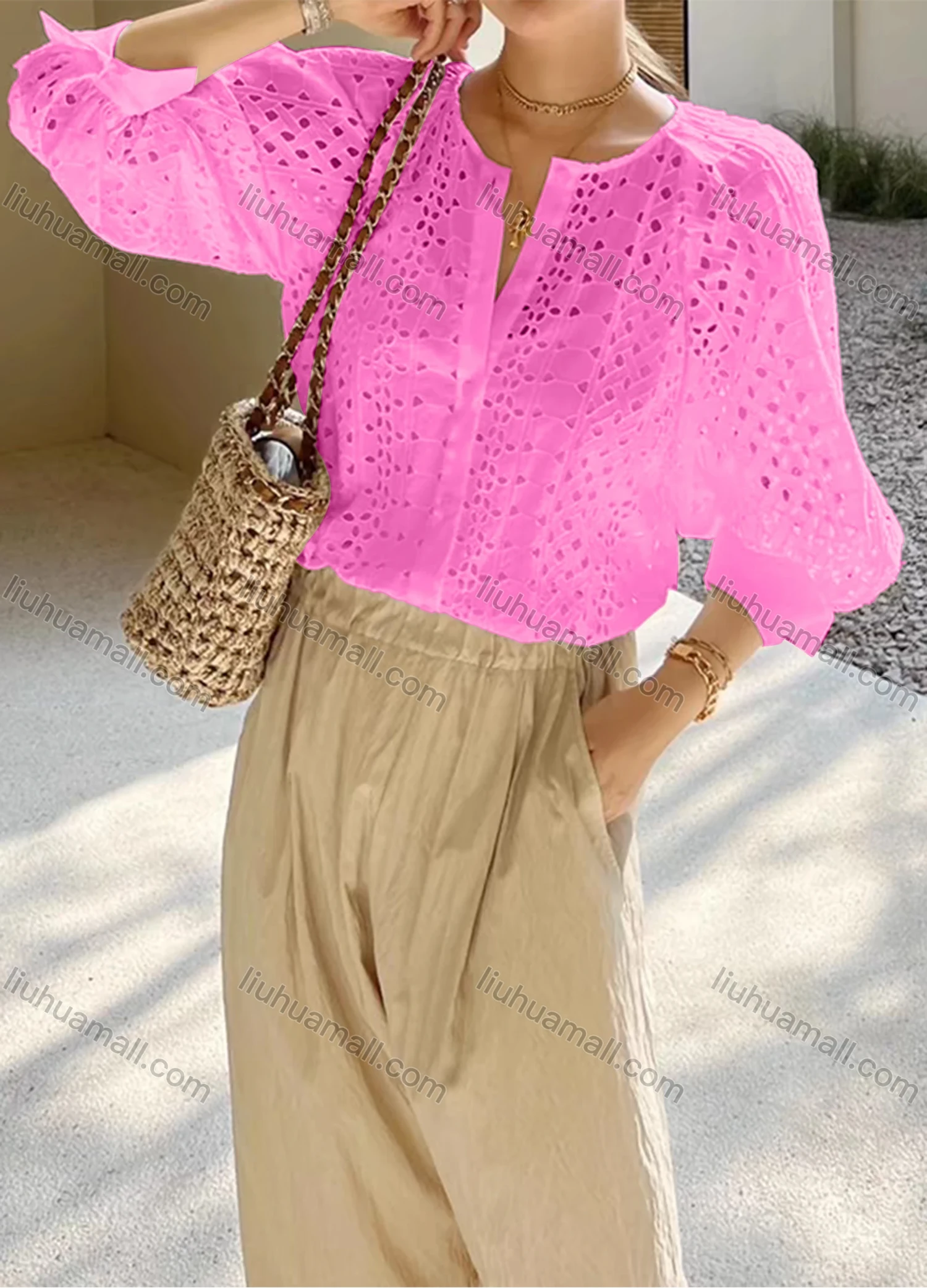 Wholesale Women's Casual Plain 3/4 Sleeve Crew Neck Hollow Out Button Down Blouse - Liuhuamall