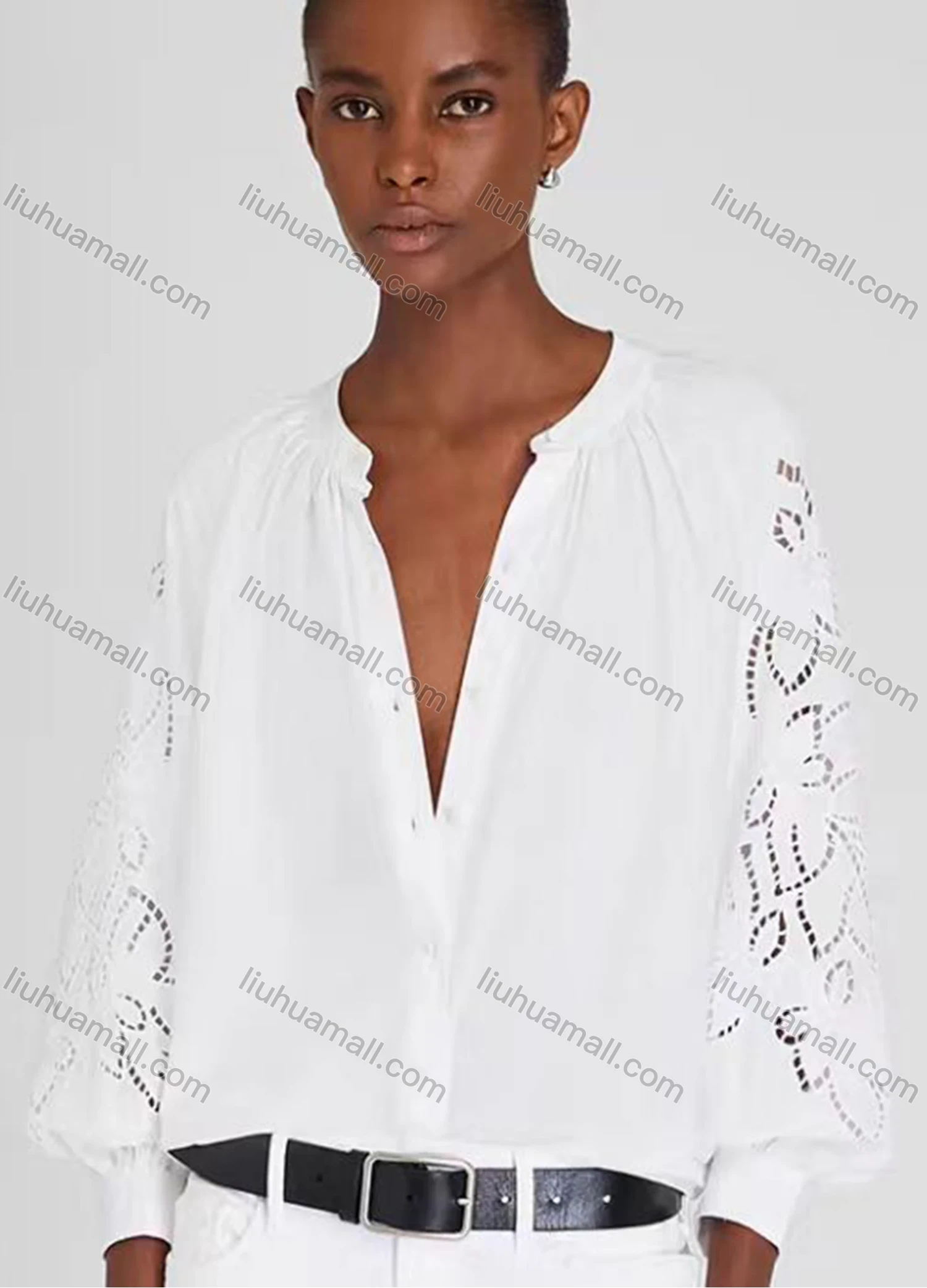 Wholesale Women's Casual Plain 3/4 Sleeve Crew Neck Eyelet Embroidered Ruched Button Down Blouse - Liuhuamall