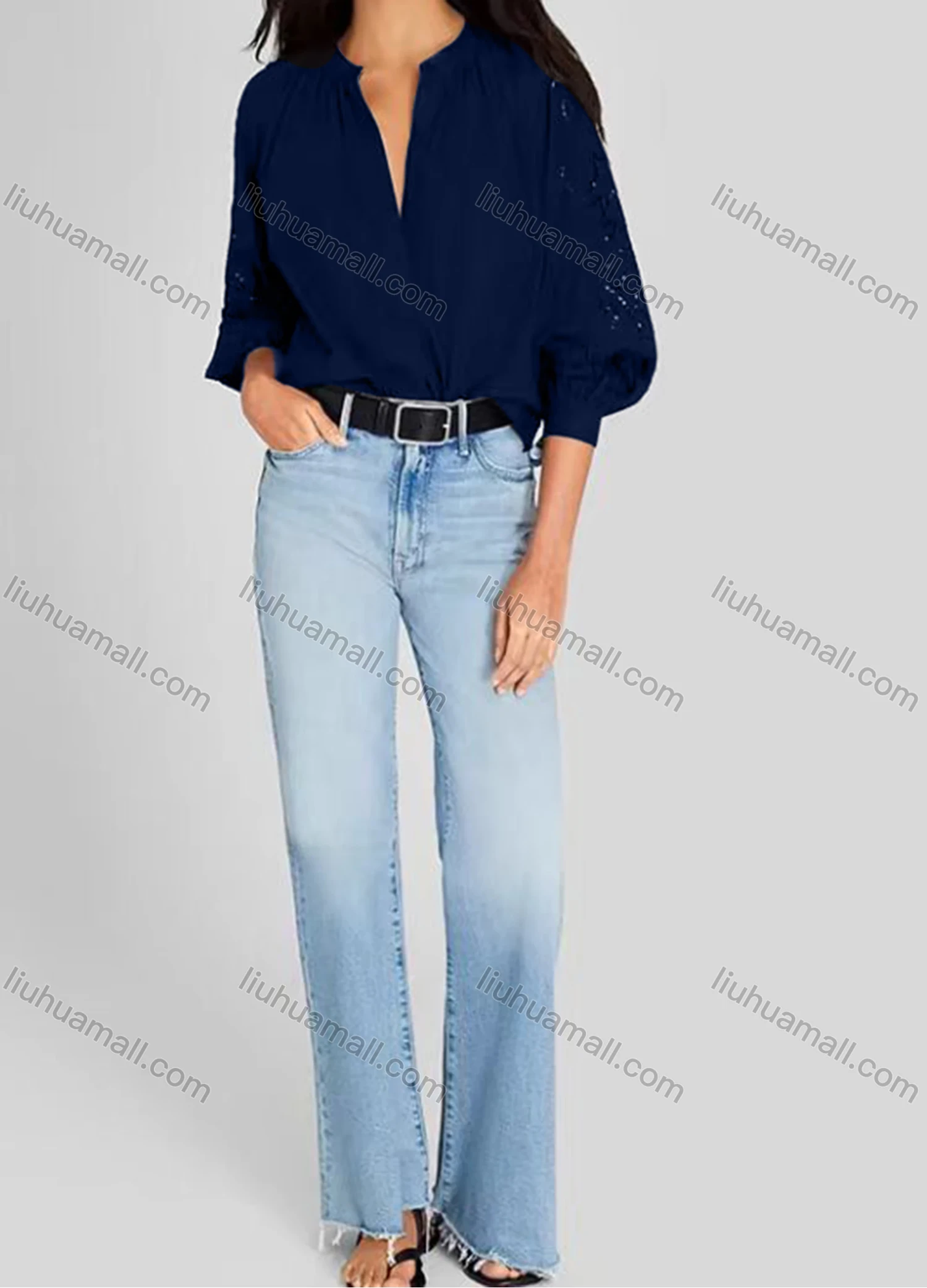 Wholesale Women's Casual Plain 3/4 Sleeve Crew Neck Eyelet Embroidered Ruched Button Down Blouse - Liuhuamall