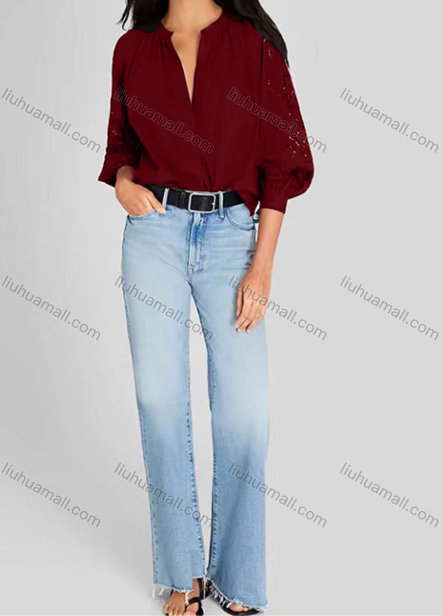 Wholesale Women's Casual Plain 3/4 Sleeve Crew Neck Eyelet Embroidered Ruched Button Down Blouse - Liuhuamall