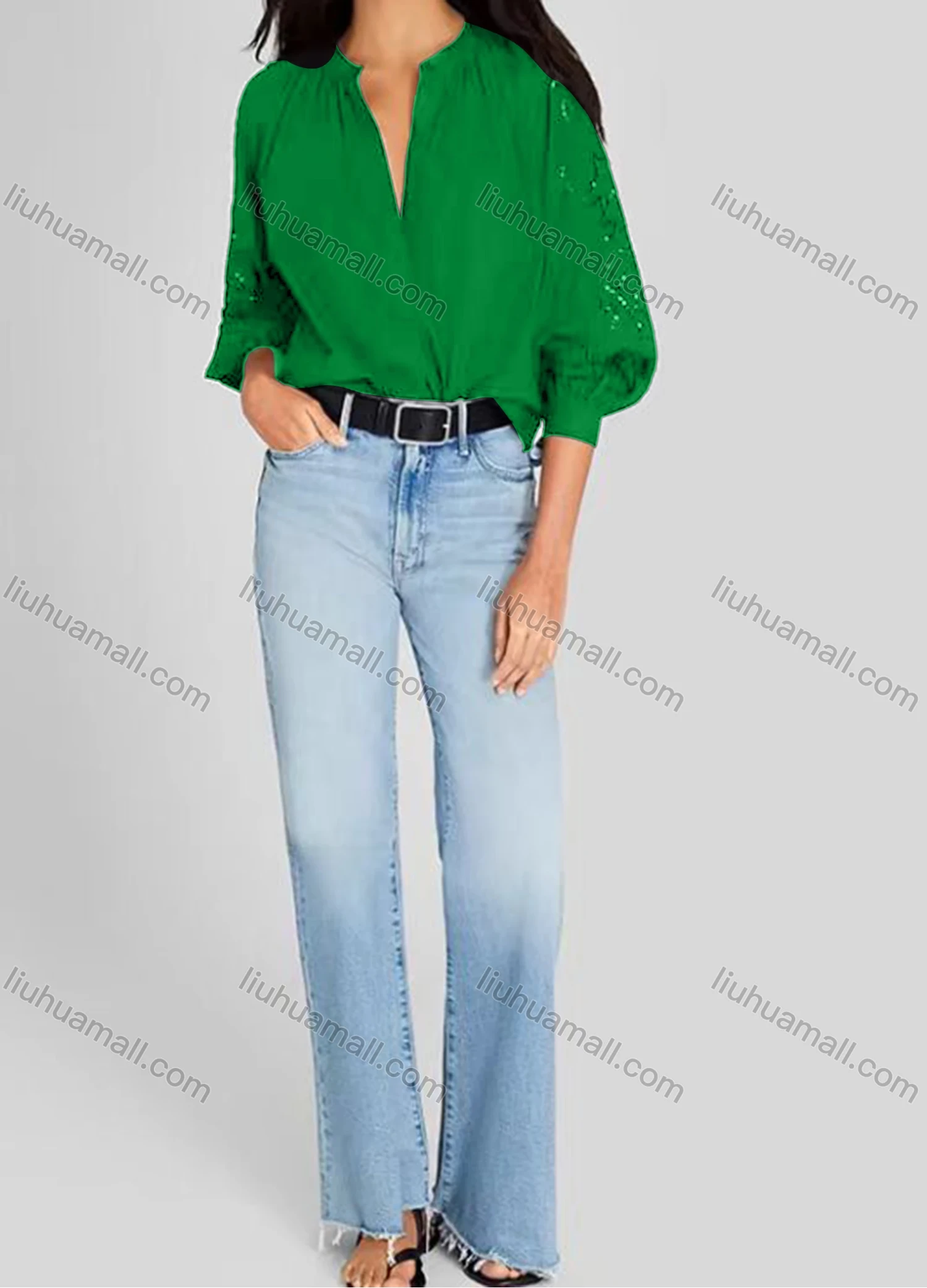 Wholesale Women's Casual Plain 3/4 Sleeve Crew Neck Eyelet Embroidered Ruched Button Down Blouse - Liuhuamall