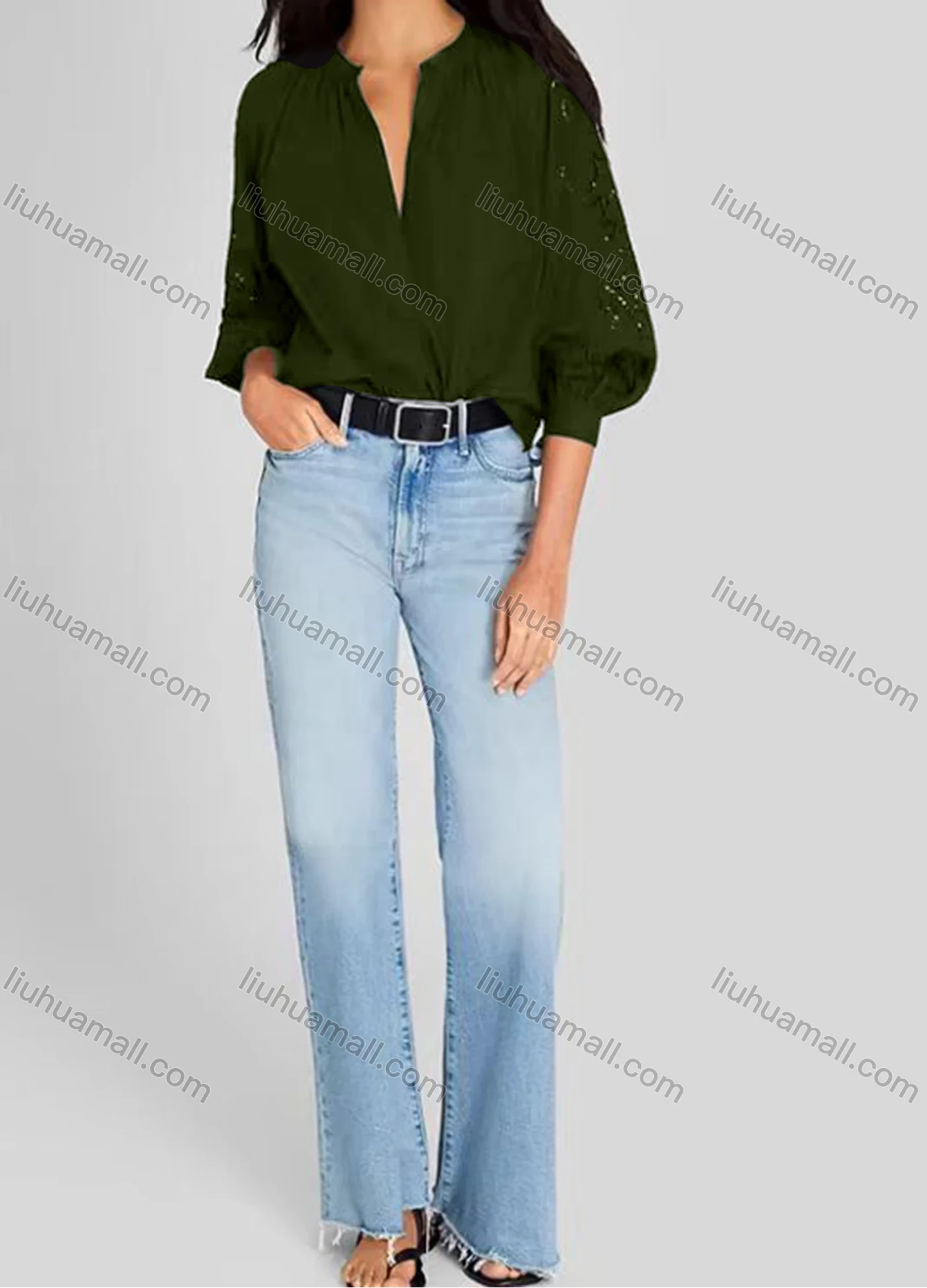 Wholesale Women's Casual Plain 3/4 Sleeve Crew Neck Eyelet Embroidered Ruched Button Down Blouse - Liuhuamall