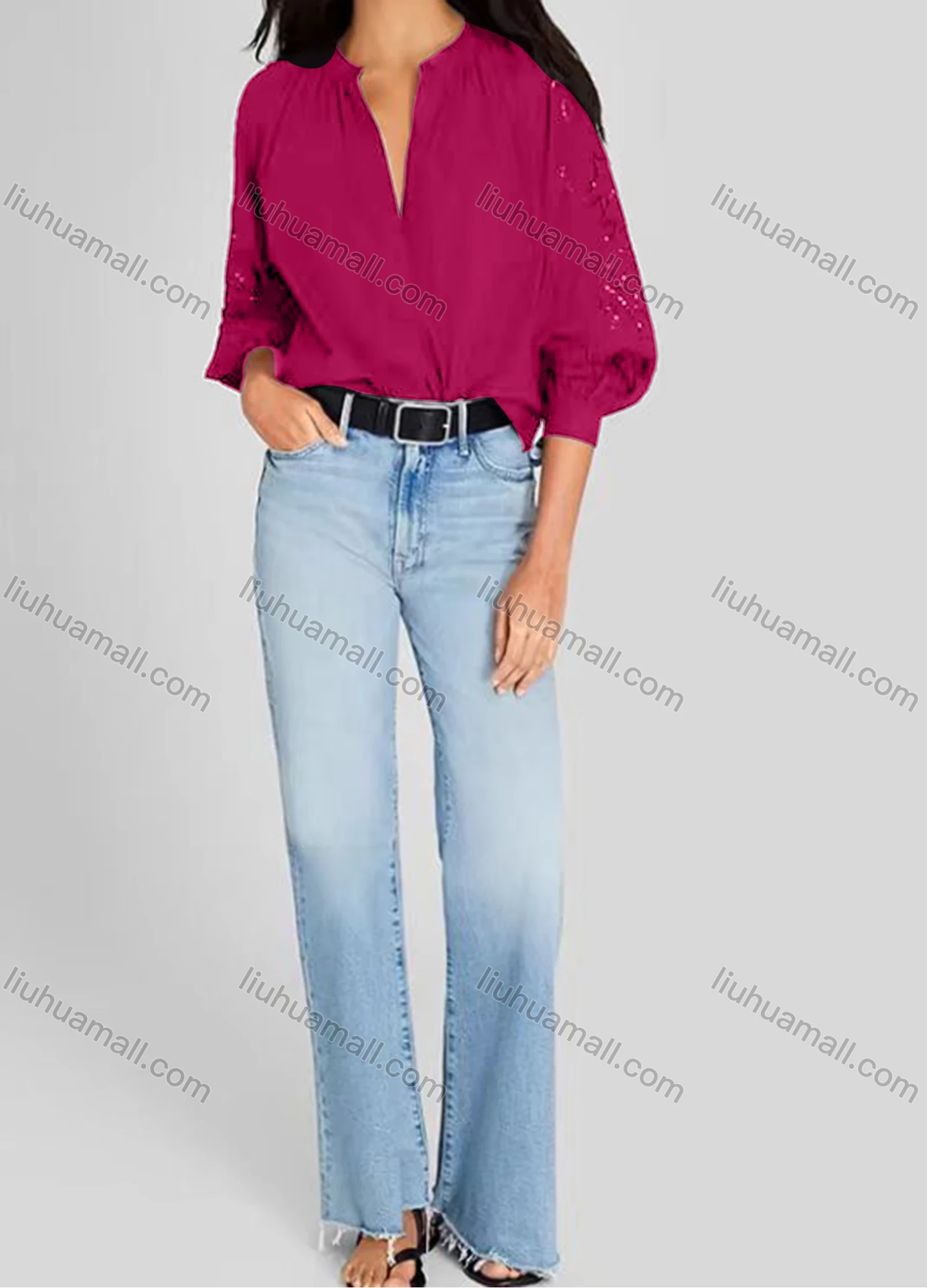 Wholesale Women's Casual Plain 3/4 Sleeve Crew Neck Eyelet Embroidered Ruched Button Down Blouse - Liuhuamall