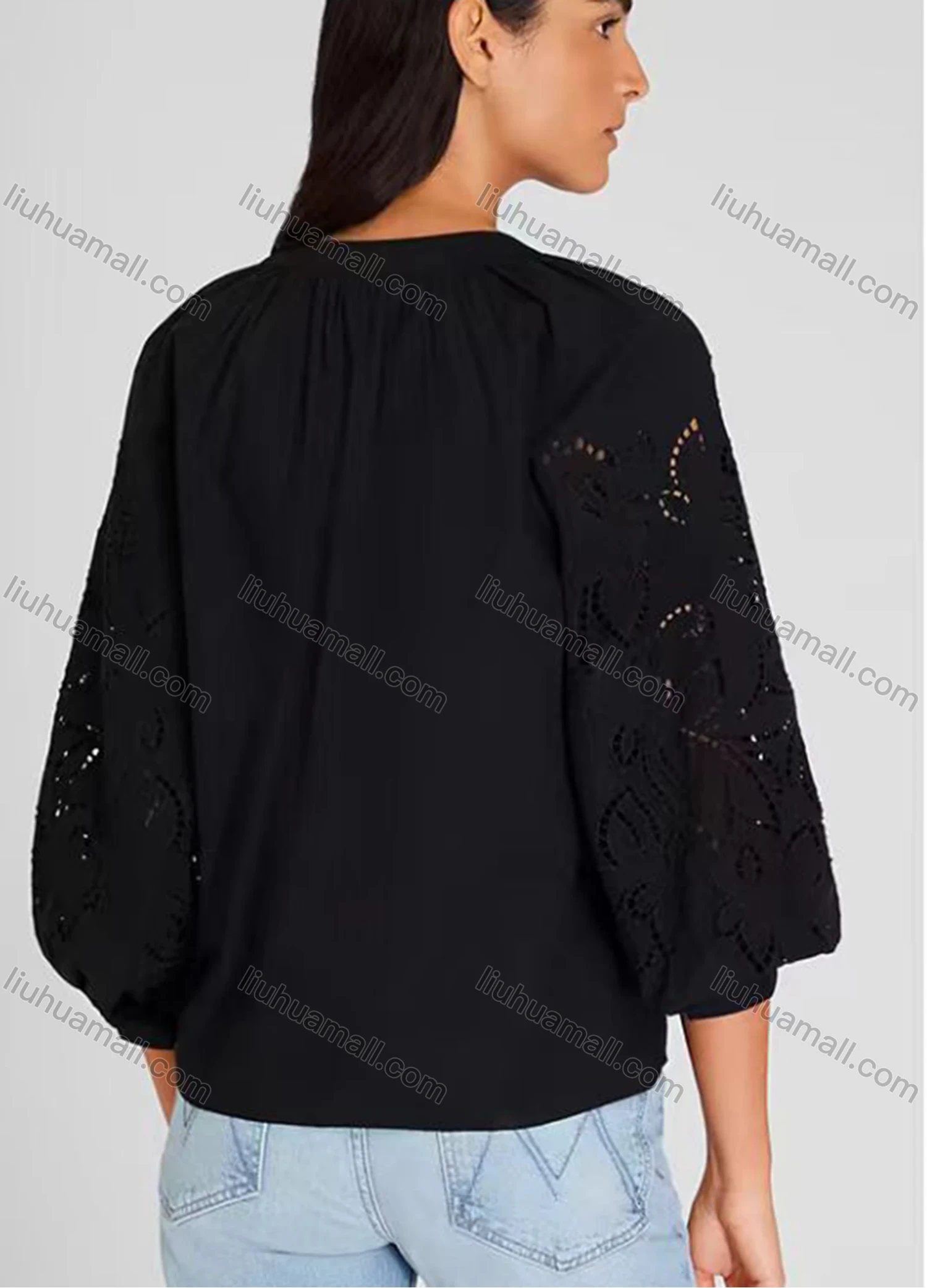 Wholesale Women's Casual Plain 3/4 Sleeve Crew Neck Eyelet Embroidered Ruched Button Down Blouse - Liuhuamall