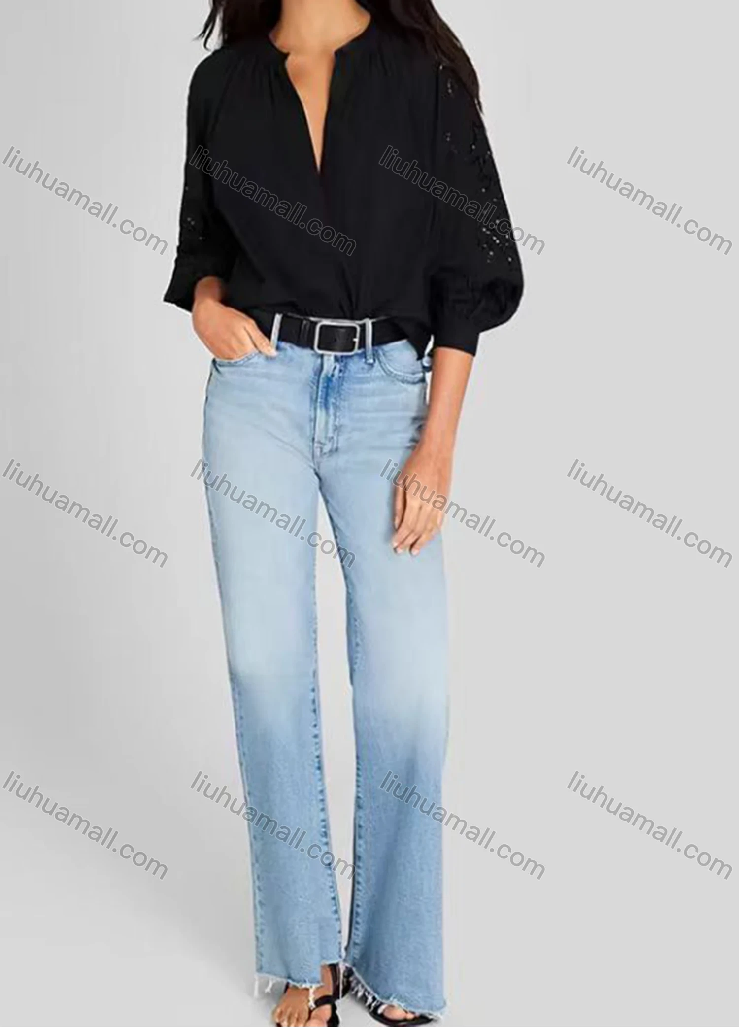 Wholesale Women's Casual Plain 3/4 Sleeve Crew Neck Eyelet Embroidered Ruched Button Down Blouse - Liuhuamall