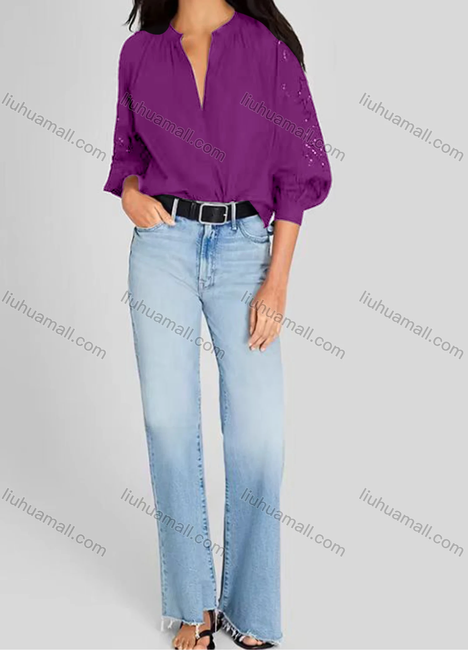 Wholesale Women's Casual Plain 3/4 Sleeve Crew Neck Eyelet Embroidered Ruched Button Down Blouse - Liuhuamall