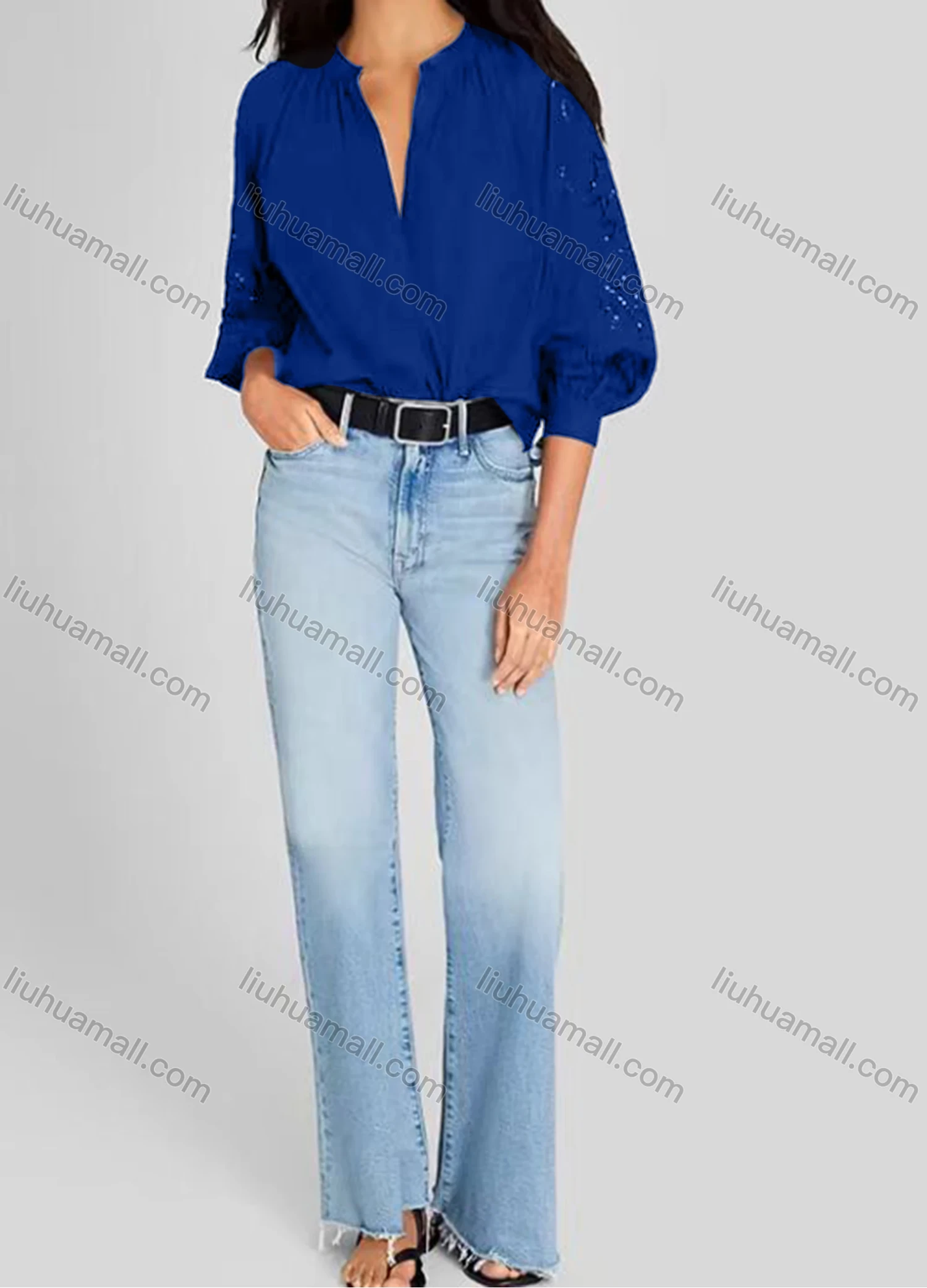 Wholesale Women's Casual Plain 3/4 Sleeve Crew Neck Eyelet Embroidered Ruched Button Down Blouse - Liuhuamall