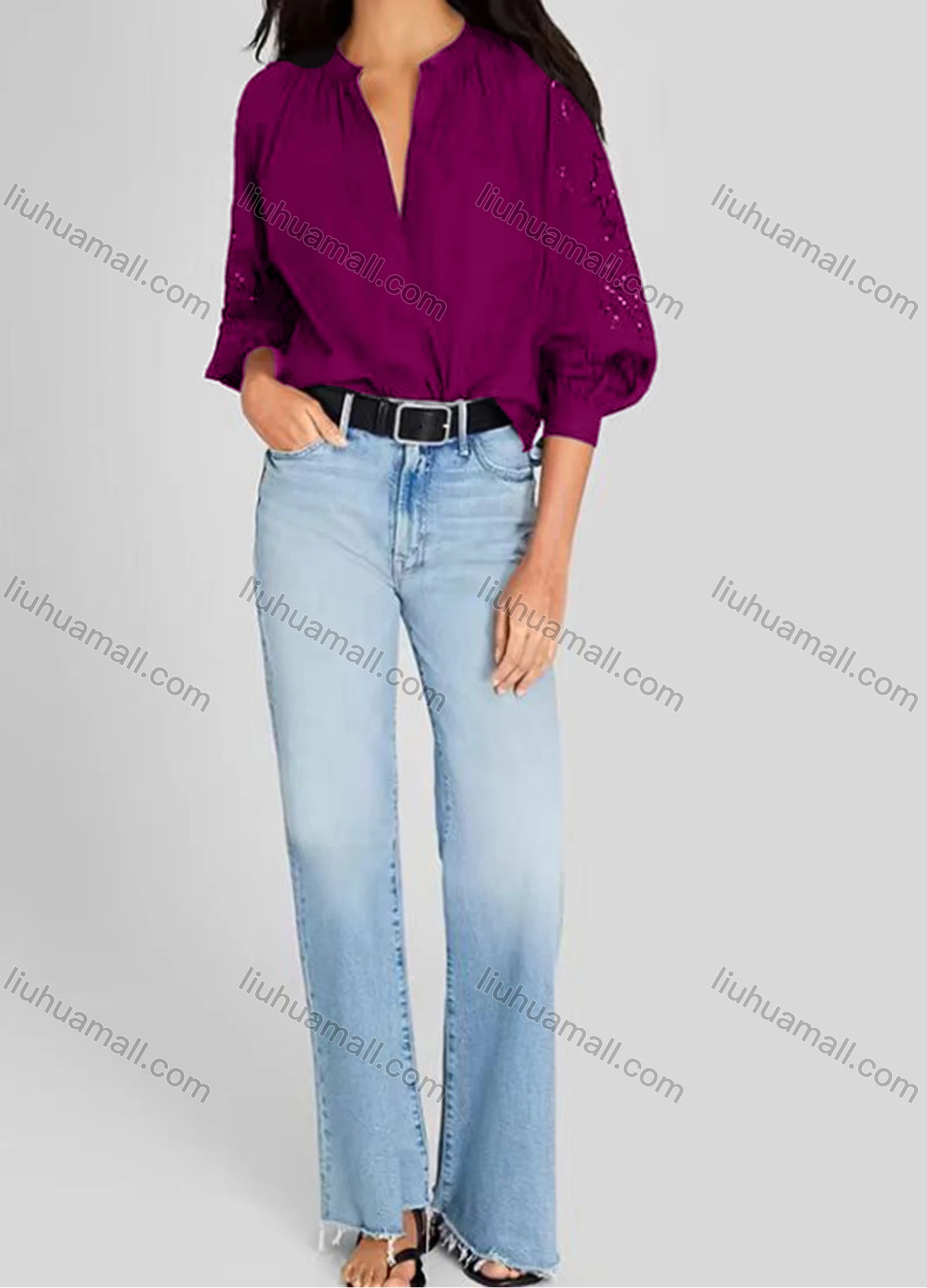 Wholesale Women's Casual Plain 3/4 Sleeve Crew Neck Eyelet Embroidered Ruched Button Down Blouse - Liuhuamall