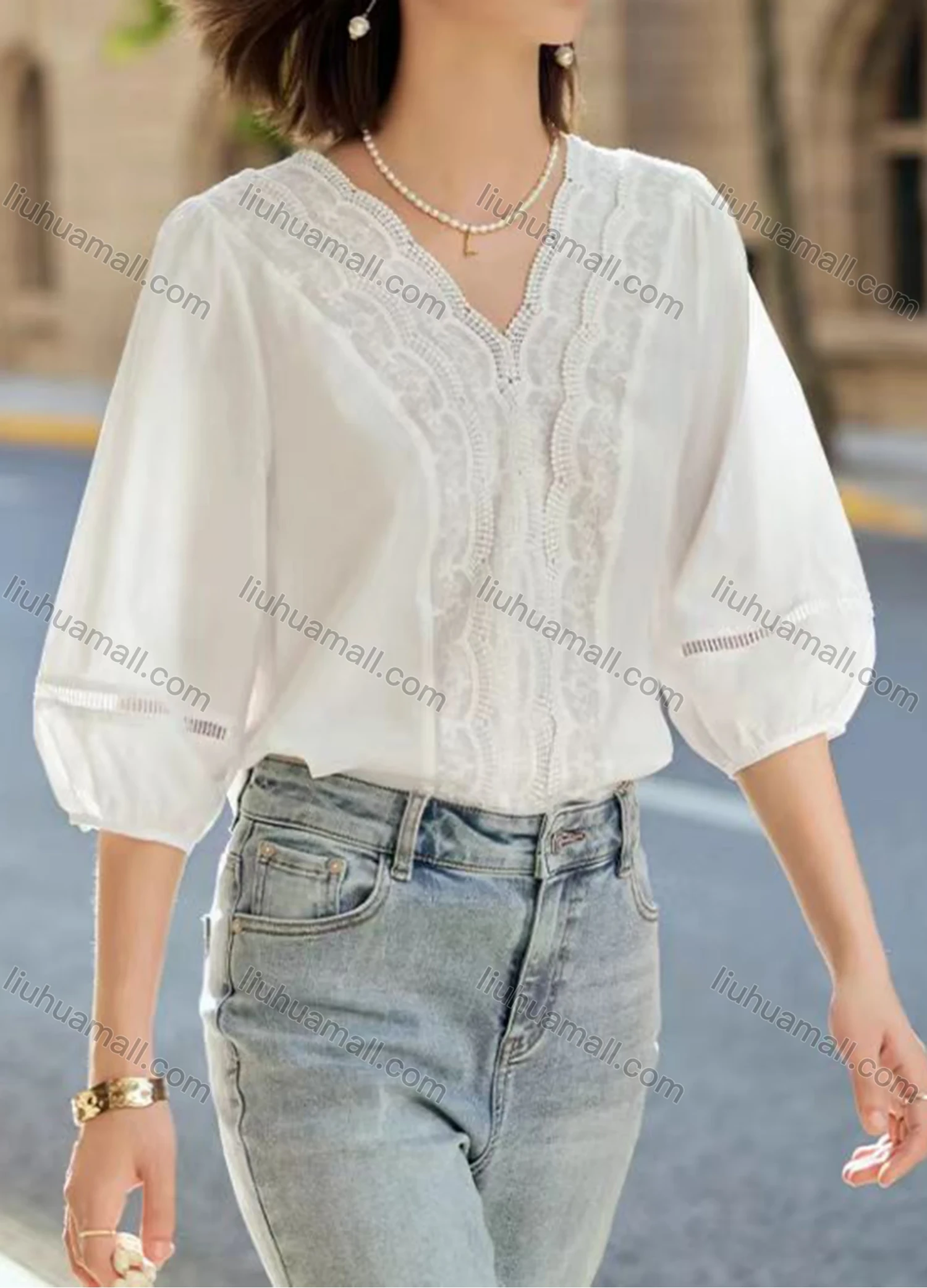 Wholesale Women's Casual Plain Half Sleeve V Neck Splicing Beaded Scalloped Trim Blouse - Liuhuamall