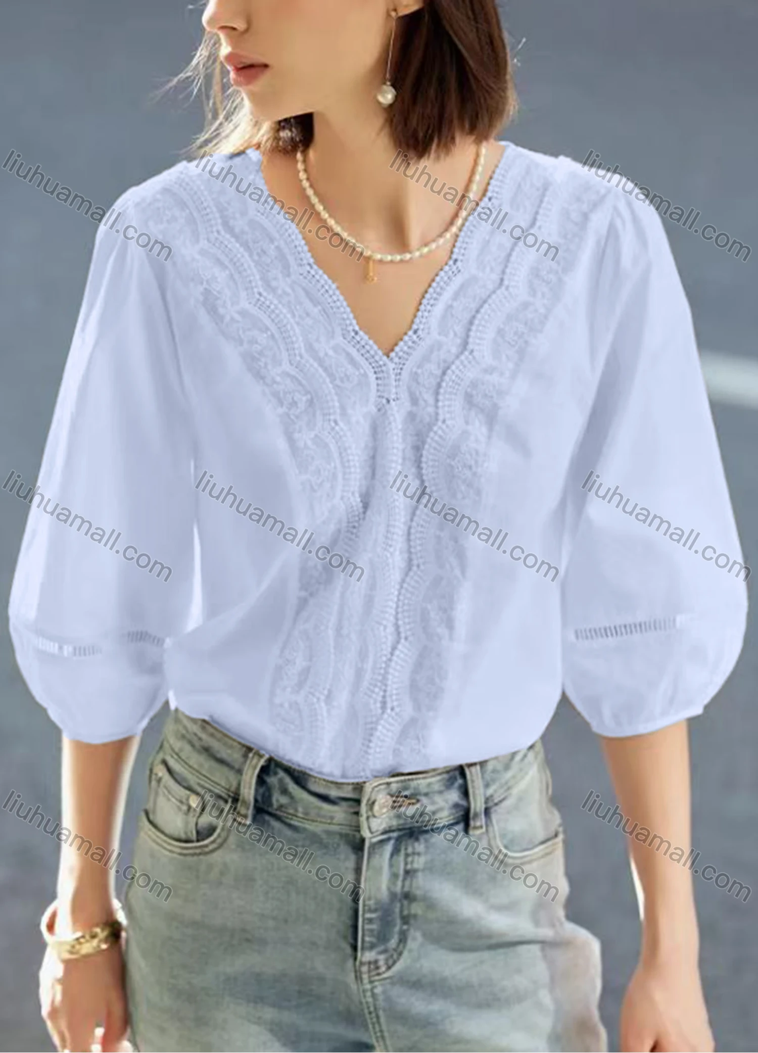 Wholesale Women's Casual Plain Half Sleeve V Neck Splicing Beaded Scalloped Trim Blouse - Liuhuamall