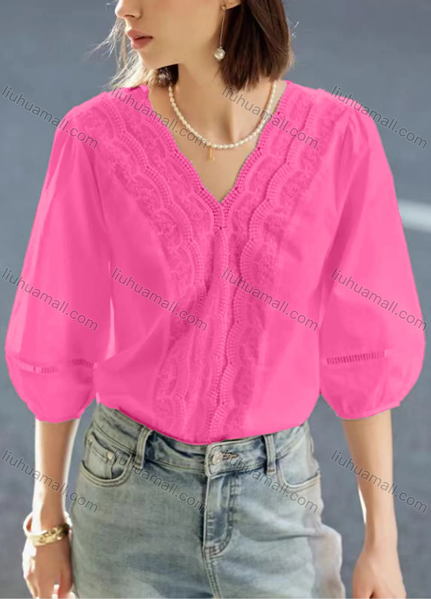 Wholesale Women's Casual Plain Half Sleeve V Neck Splicing Beaded Scalloped Trim Blouse - Liuhuamall