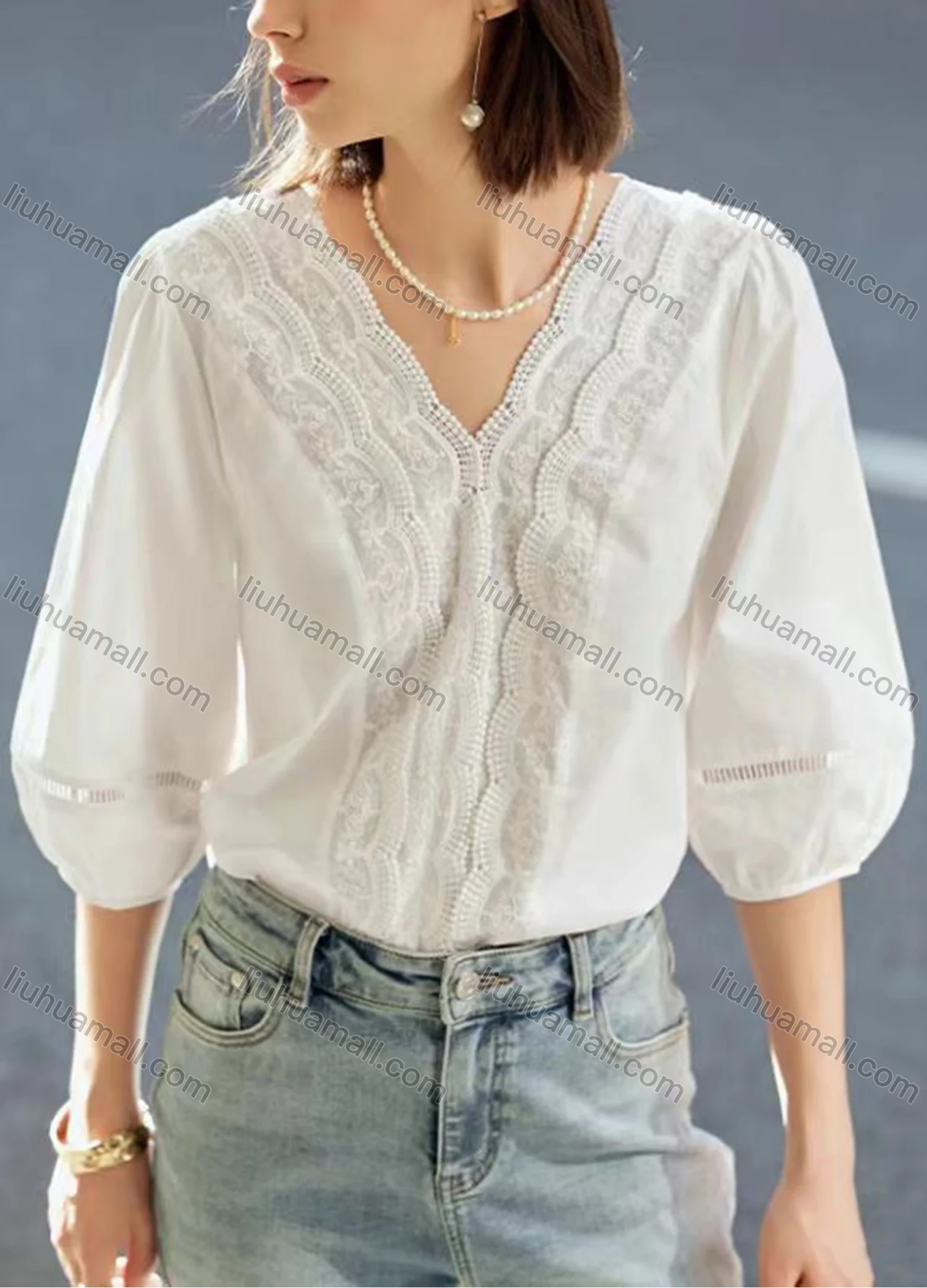 Wholesale Women's Casual Plain Half Sleeve V Neck Splicing Beaded Scalloped Trim Blouse - Liuhuamall
