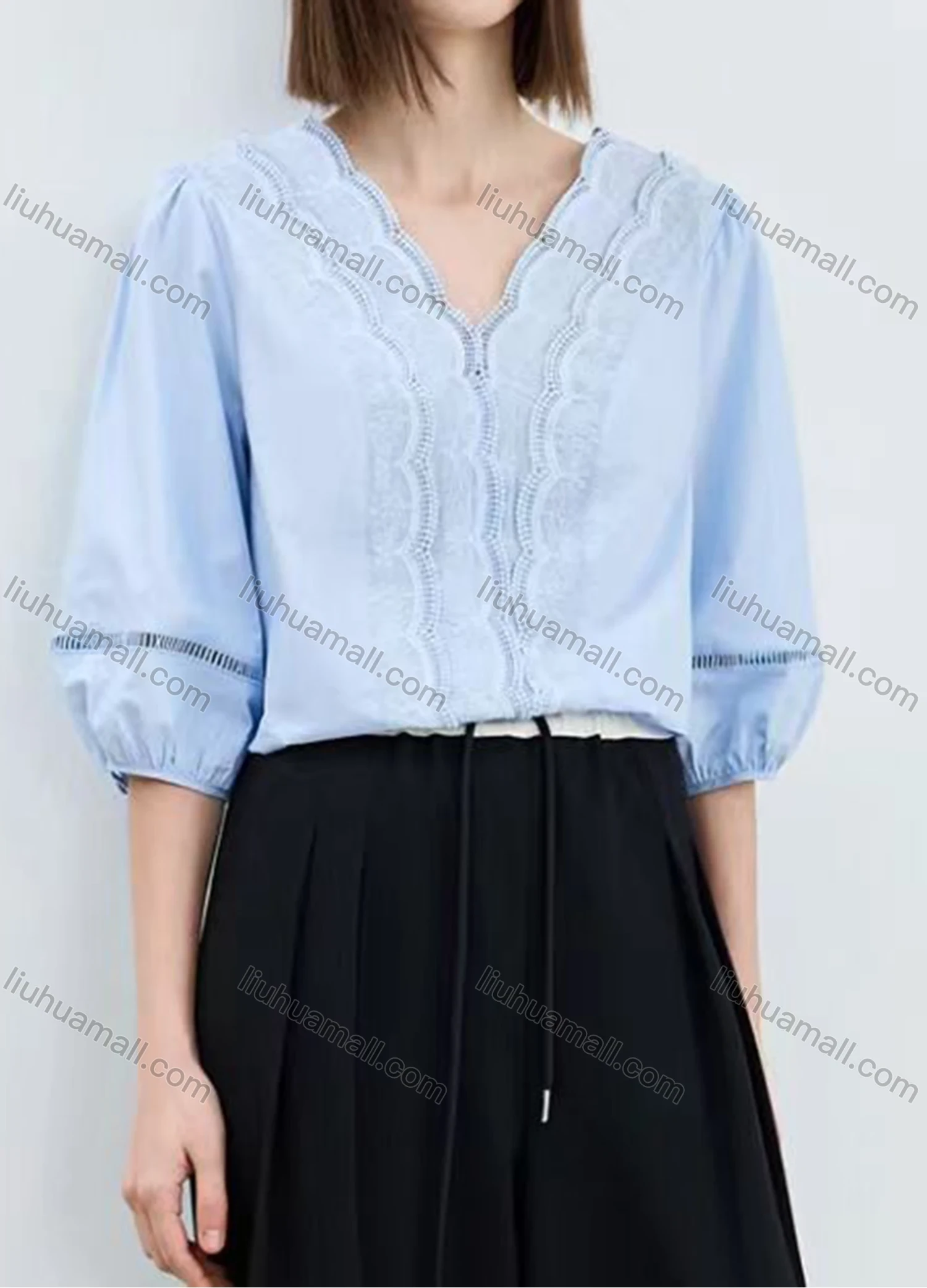 Wholesale Women's Casual Plain Half Sleeve V Neck Splicing Beaded Scalloped Trim Blouse - Liuhuamall