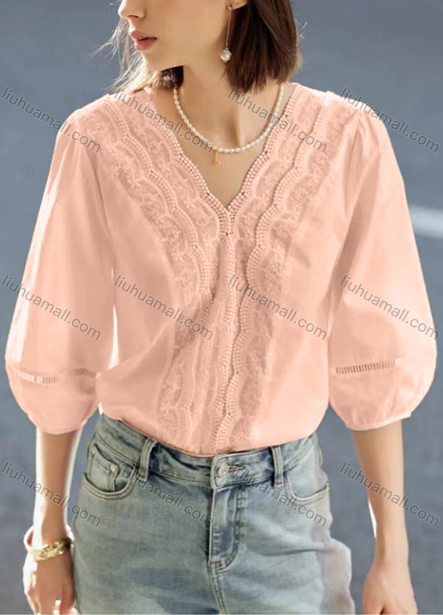 Wholesale Women's Casual Plain Half Sleeve V Neck Splicing Beaded Scalloped Trim Blouse - Liuhuamall
