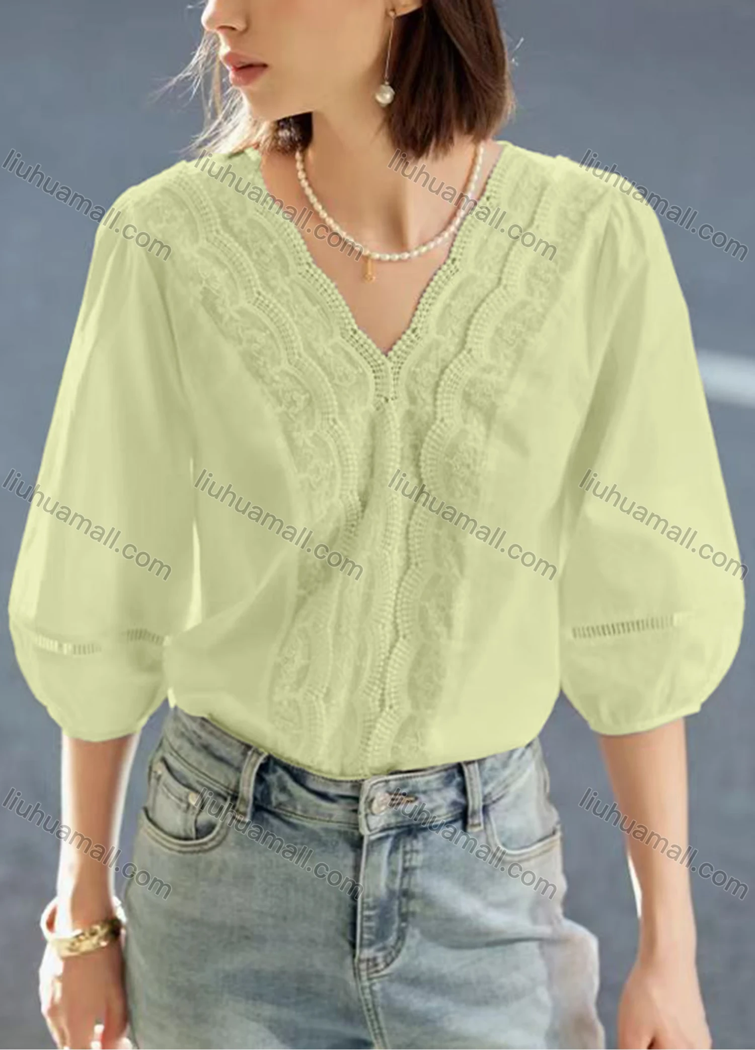 Wholesale Women's Casual Plain Half Sleeve V Neck Splicing Beaded Scalloped Trim Blouse - Liuhuamall