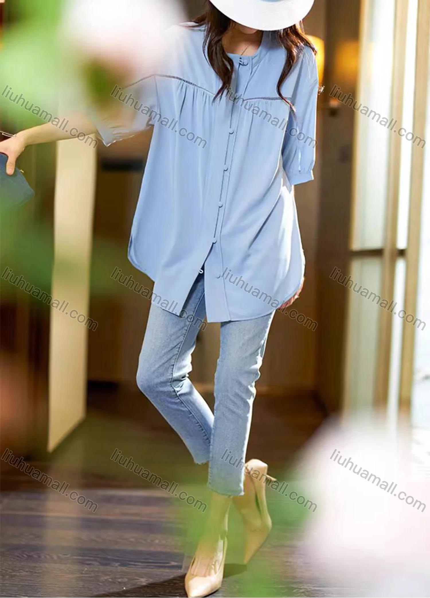 Wholesale Women's Casual Plain Half Sleeve Crew Neck Button Down Ruched Curved Hem Blouse - Liuhuamall