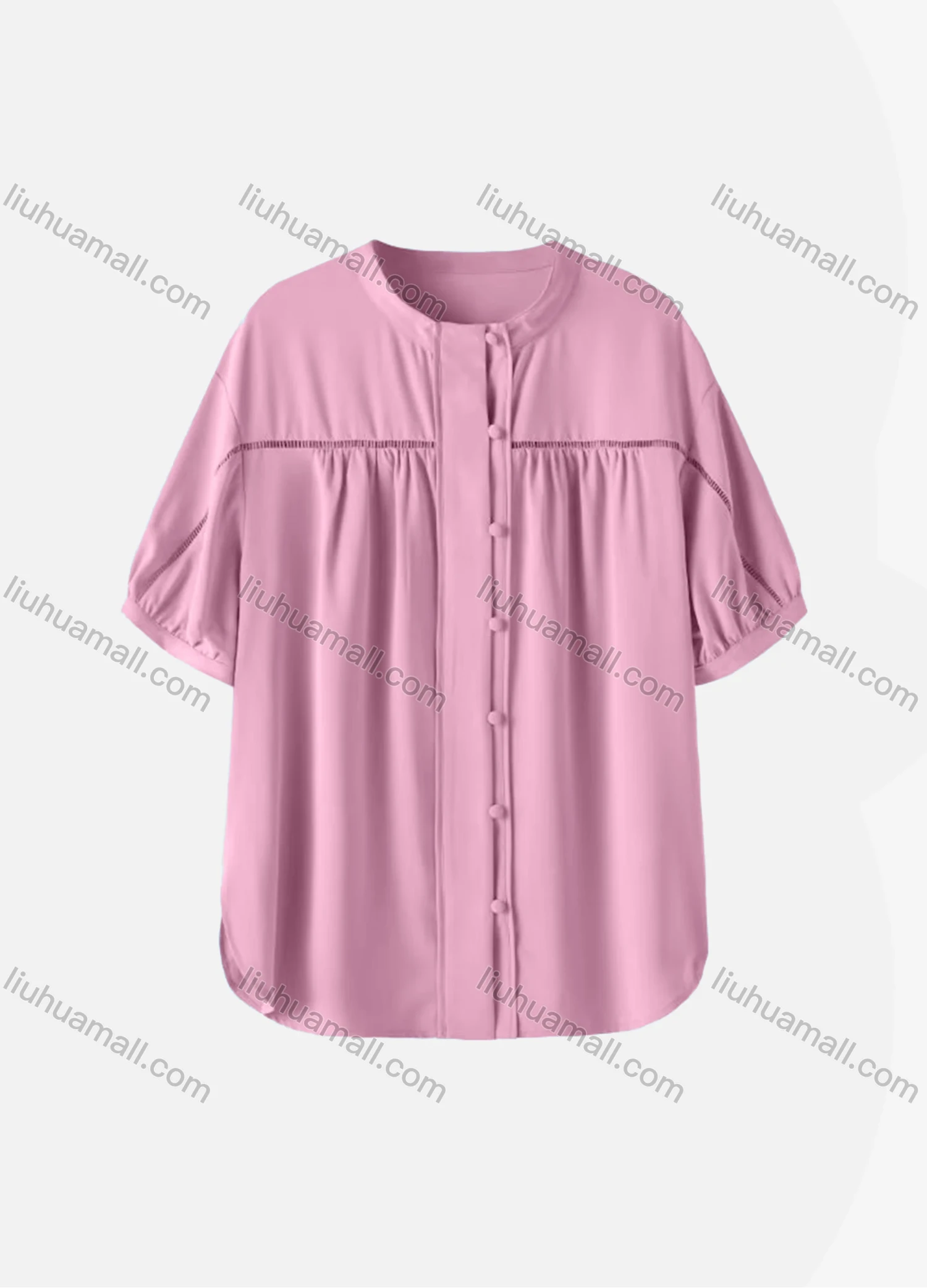 Wholesale Women's Casual Plain Half Sleeve Crew Neck Button Down Ruched Curved Hem Blouse - Liuhuamall