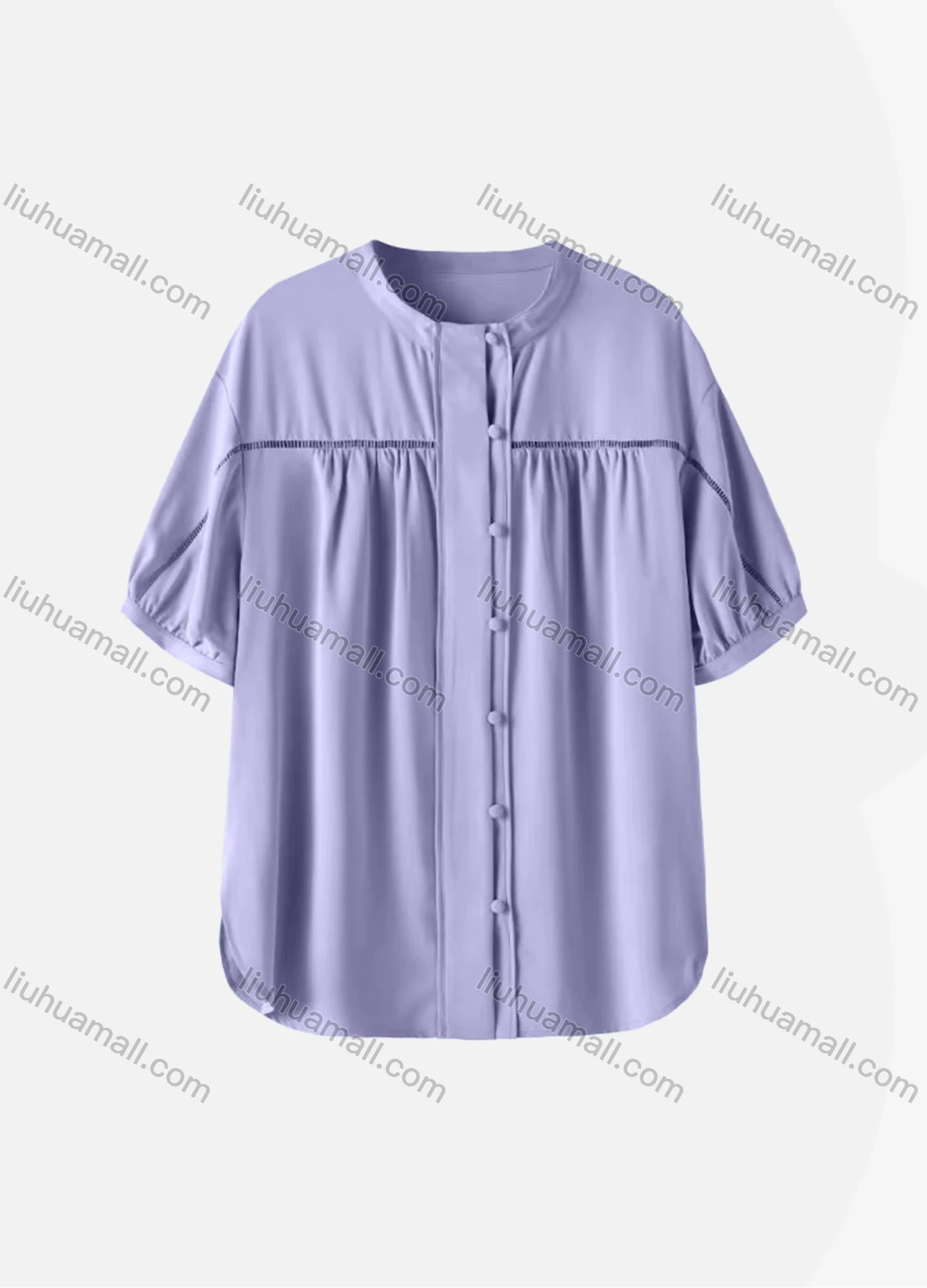 Wholesale Women's Casual Plain Half Sleeve Crew Neck Button Down Ruched Curved Hem Blouse - Liuhuamall