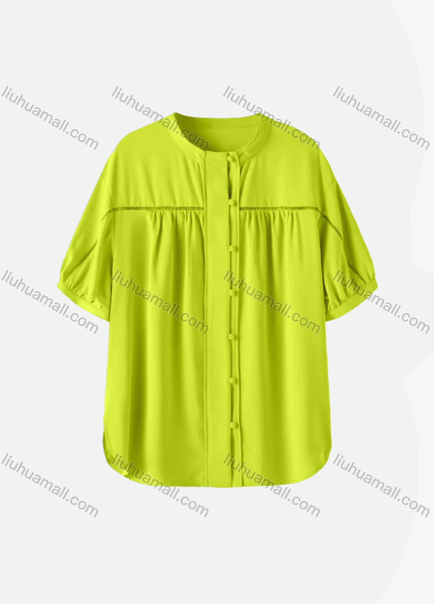 Wholesale Women's Casual Plain Half Sleeve Crew Neck Button Down Ruched Curved Hem Blouse - Liuhuamall