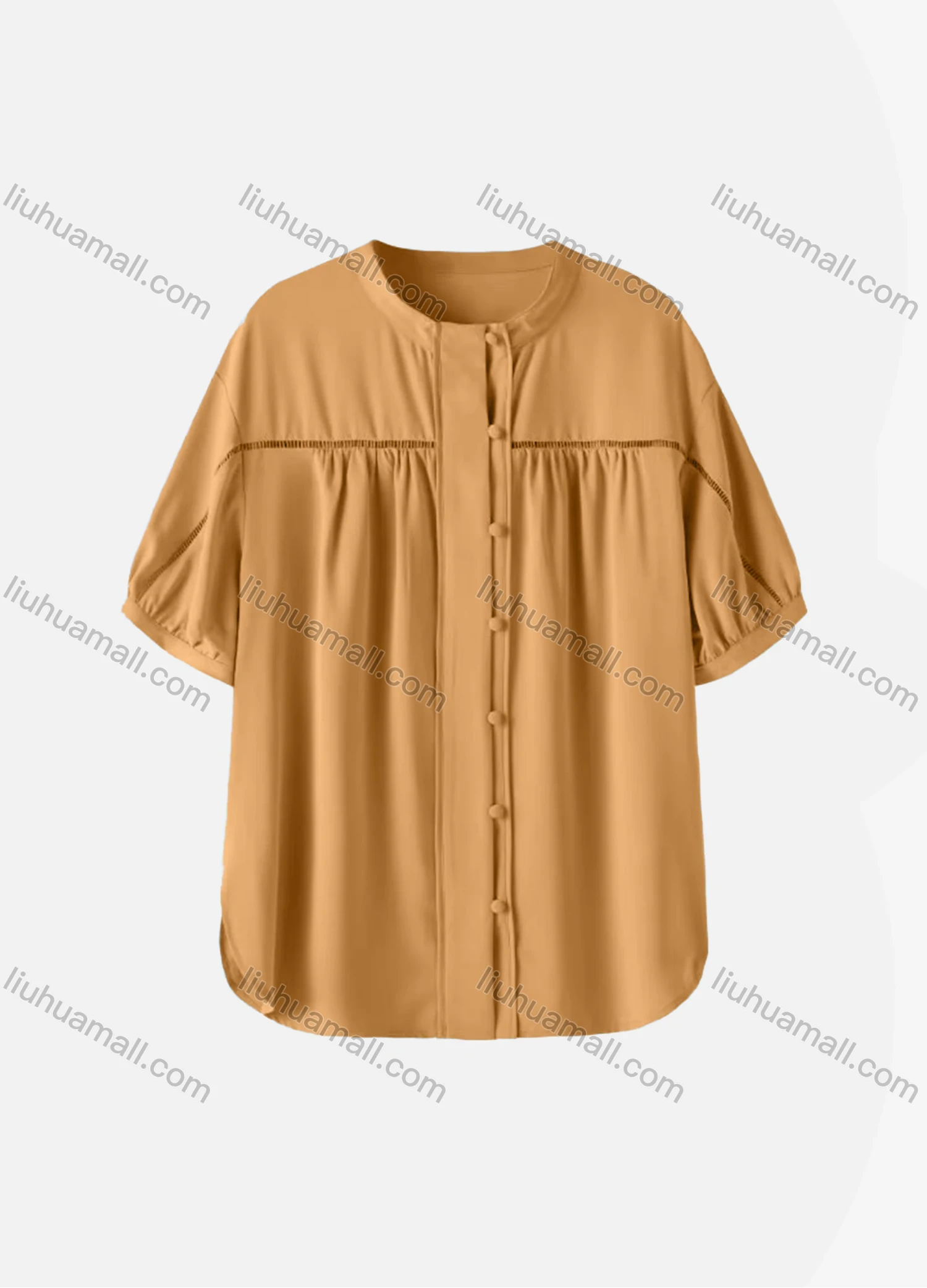 Wholesale Women's Casual Plain Half Sleeve Crew Neck Button Down Ruched Curved Hem Blouse - Liuhuamall