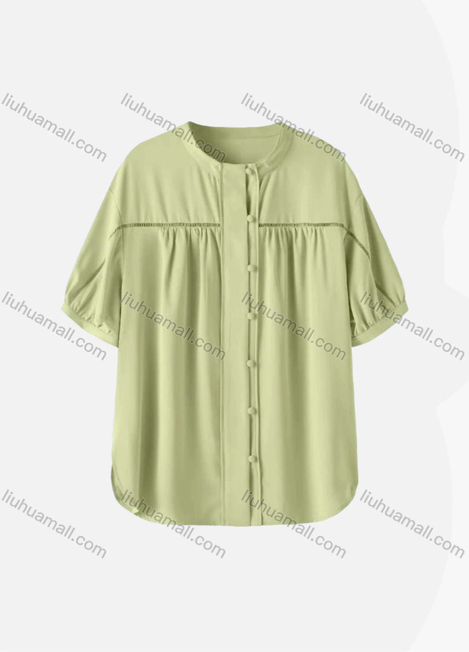 Wholesale Women's Casual Plain Half Sleeve Crew Neck Button Down Ruched Curved Hem Blouse - Liuhuamall