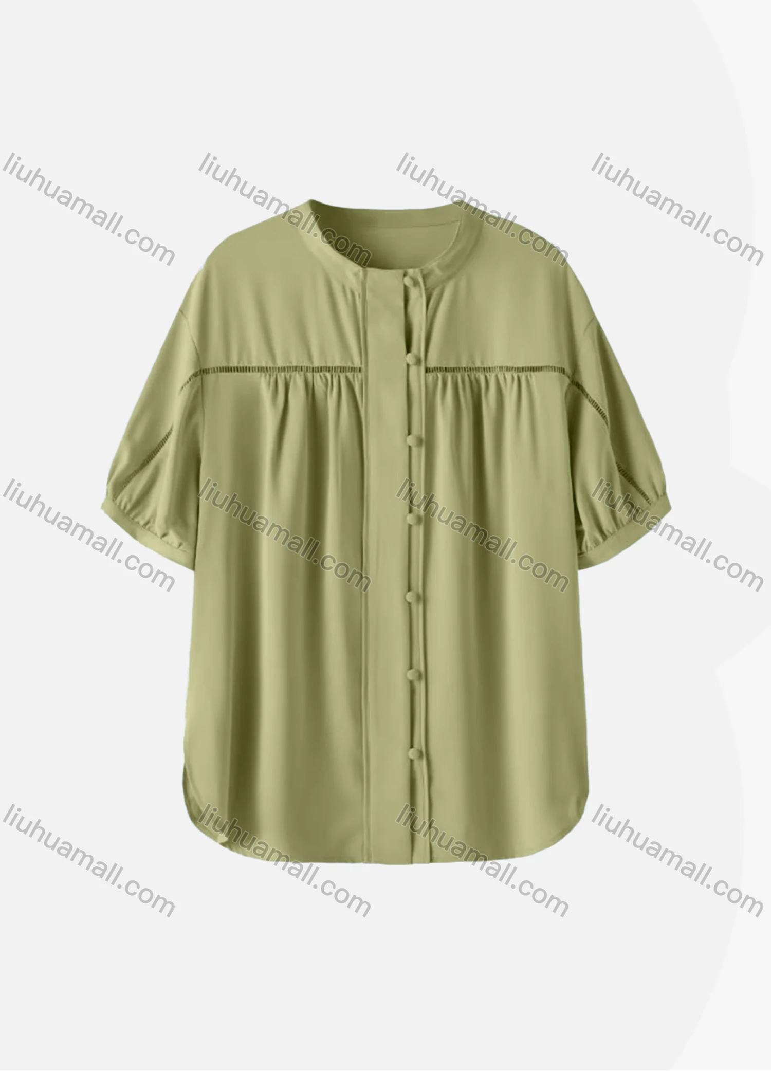 Wholesale Women's Casual Plain Half Sleeve Crew Neck Button Down Ruched Curved Hem Blouse - Liuhuamall