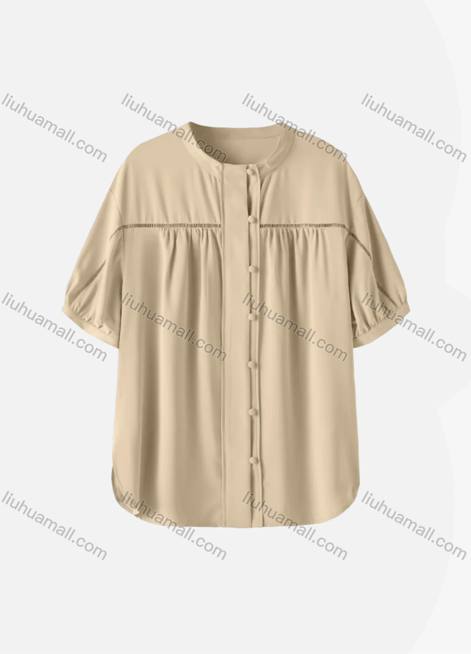 Wholesale Women's Casual Plain Half Sleeve Crew Neck Button Down Ruched Curved Hem Blouse - Liuhuamall