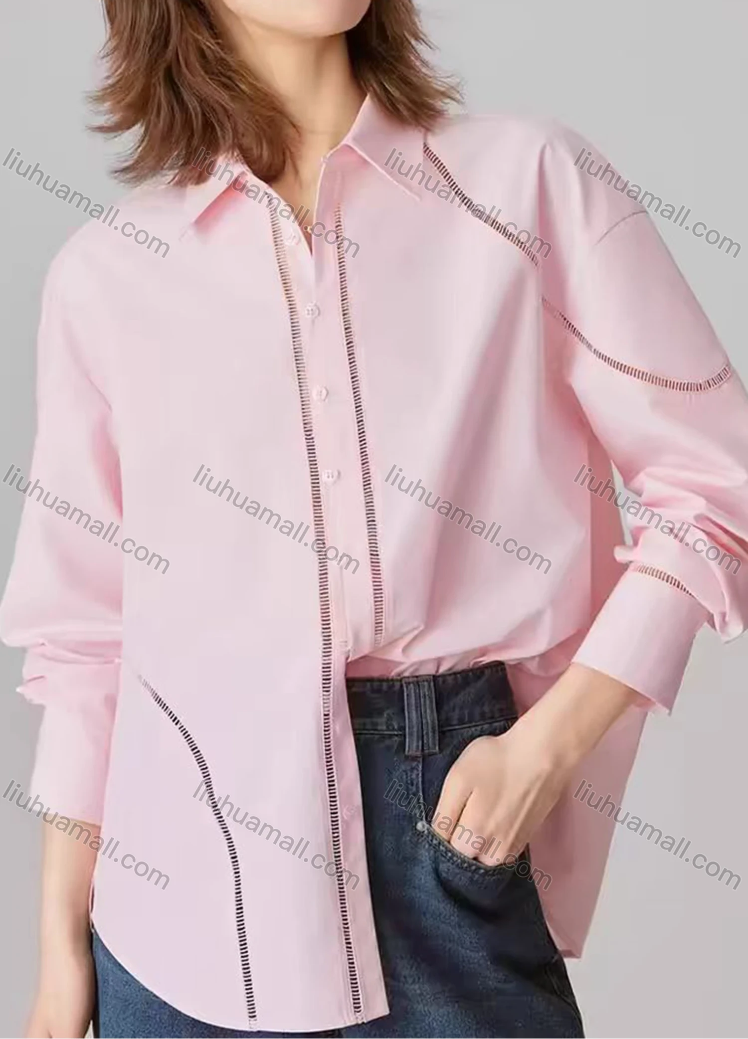 Wholesale Women's Fashion Plain Long Sleeve Collared Button Down Curved Hem Hollow Out Shirt - Liuhuamall