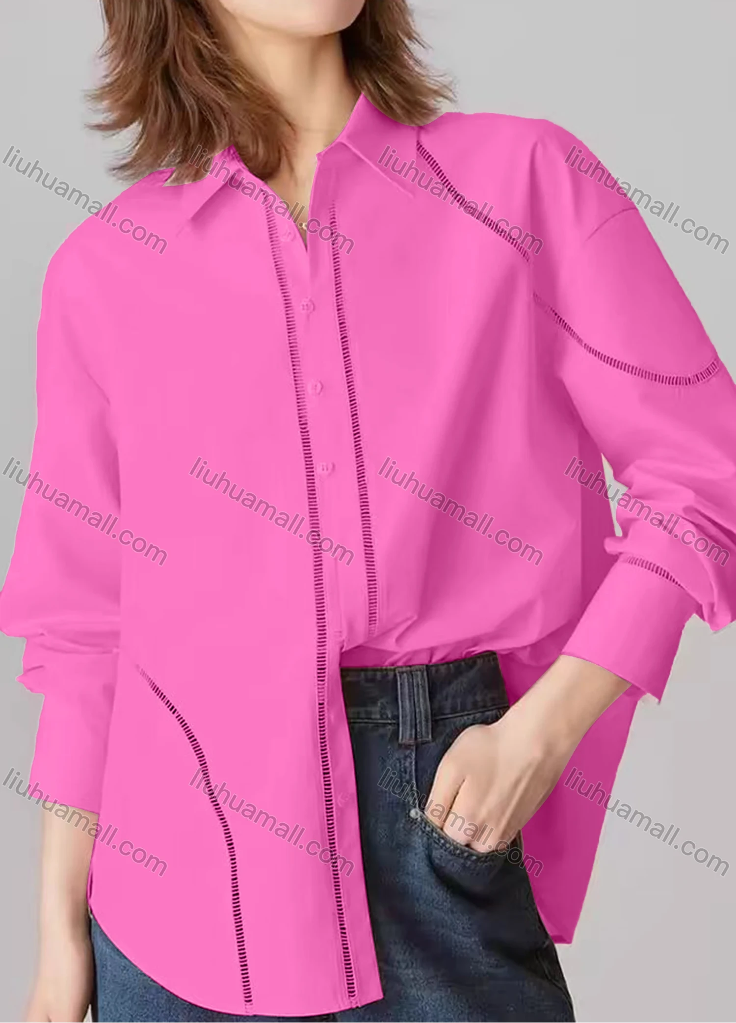 Wholesale Women's Fashion Plain Long Sleeve Collared Button Down Curved Hem Hollow Out Shirt - Liuhuamall