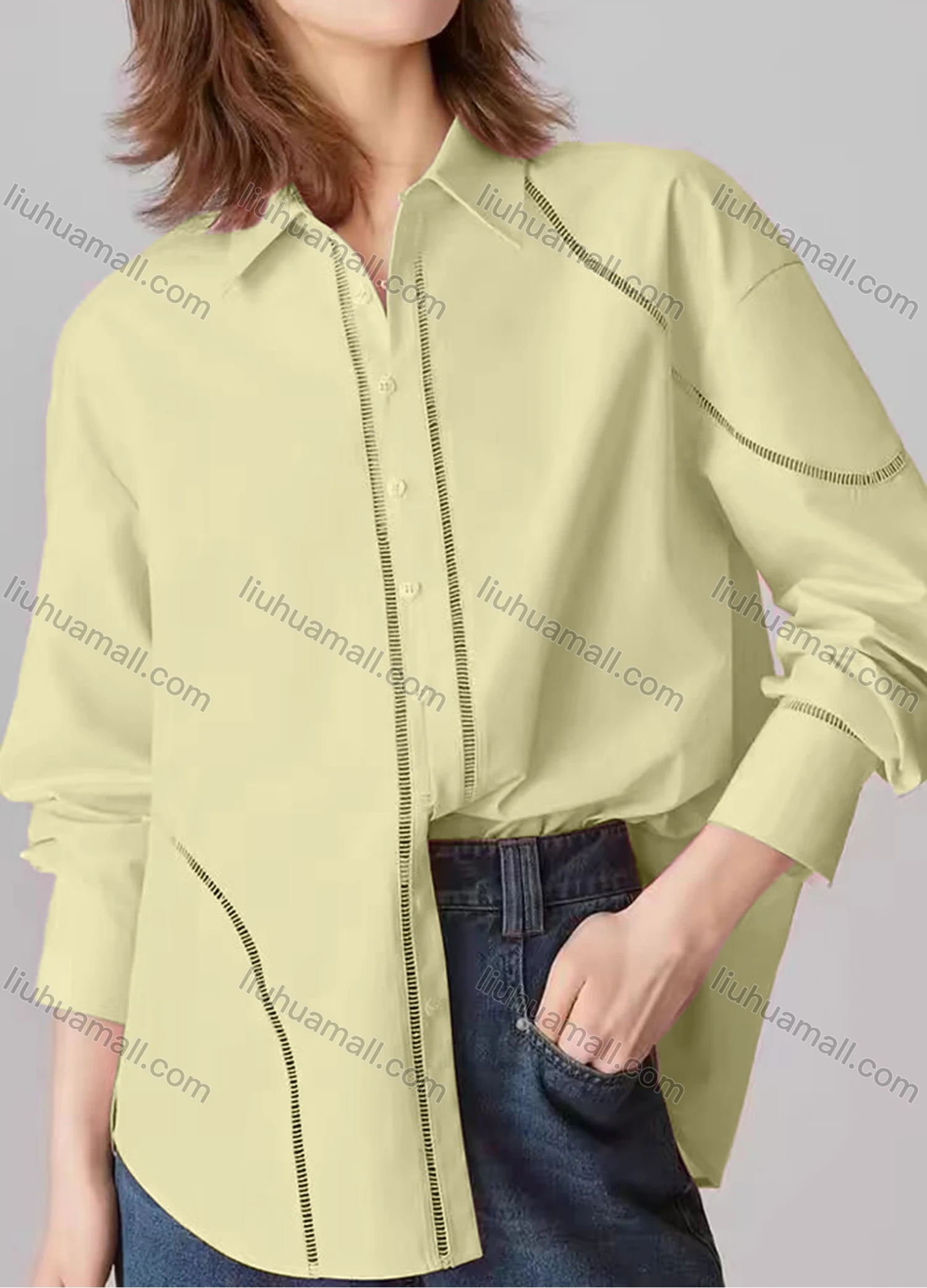 Wholesale Women's Fashion Plain Long Sleeve Collared Button Down Curved Hem Hollow Out Shirt - Liuhuamall