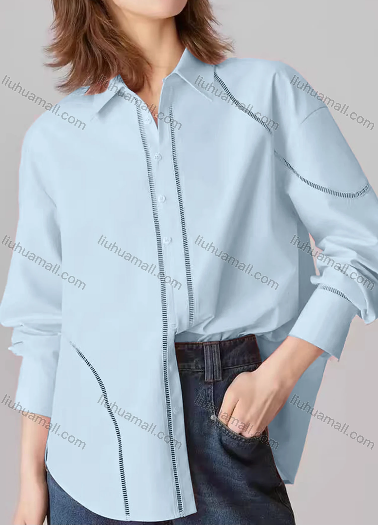 Wholesale Women's Fashion Plain Long Sleeve Collared Button Down Curved Hem Hollow Out Shirt - Liuhuamall