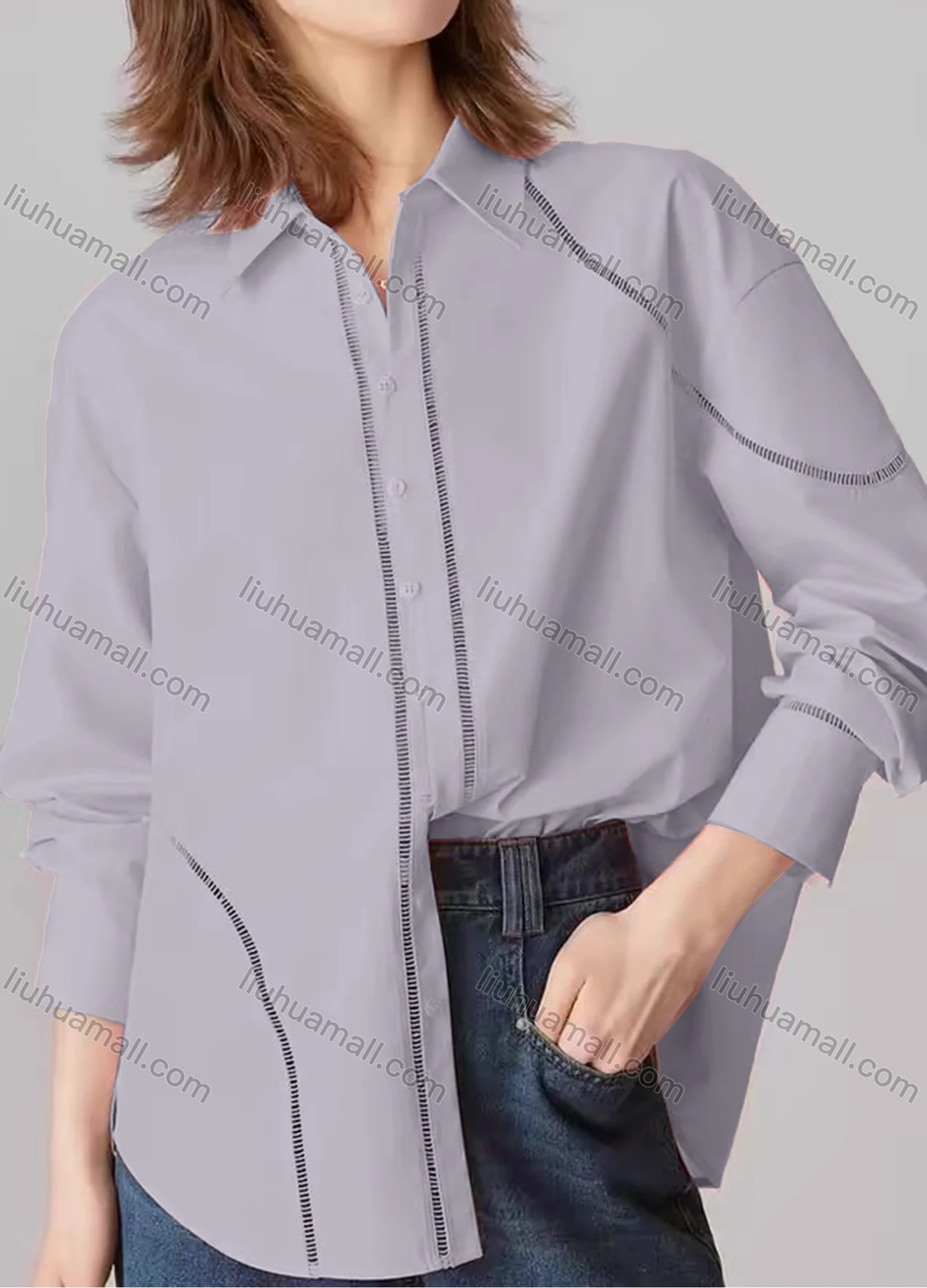 Wholesale Women's Fashion Plain Long Sleeve Collared Button Down Curved Hem Hollow Out Shirt - Liuhuamall