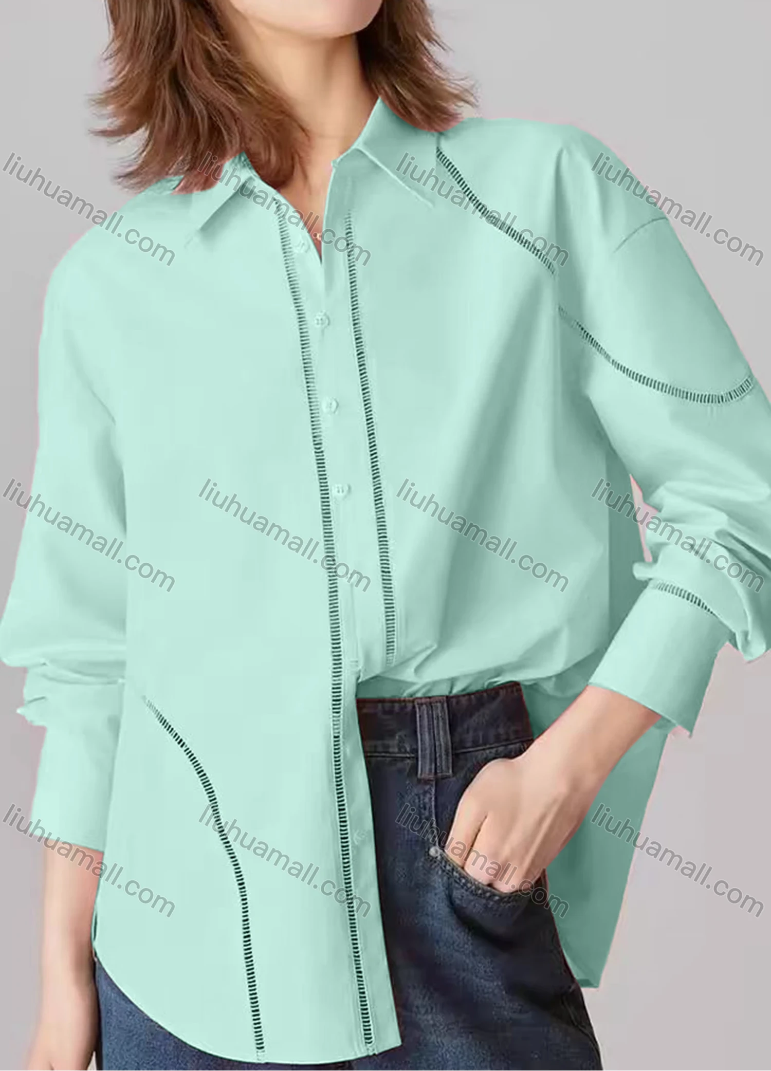 Wholesale Women's Fashion Plain Long Sleeve Collared Button Down Curved Hem Hollow Out Shirt - Liuhuamall