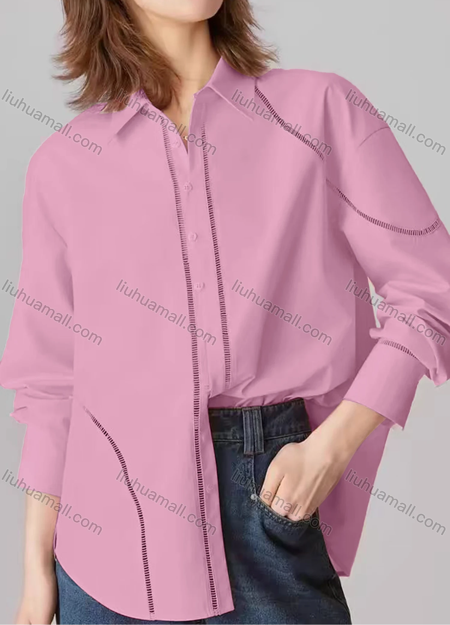 Wholesale Women's Fashion Plain Long Sleeve Collared Button Down Curved Hem Hollow Out Shirt - Liuhuamall