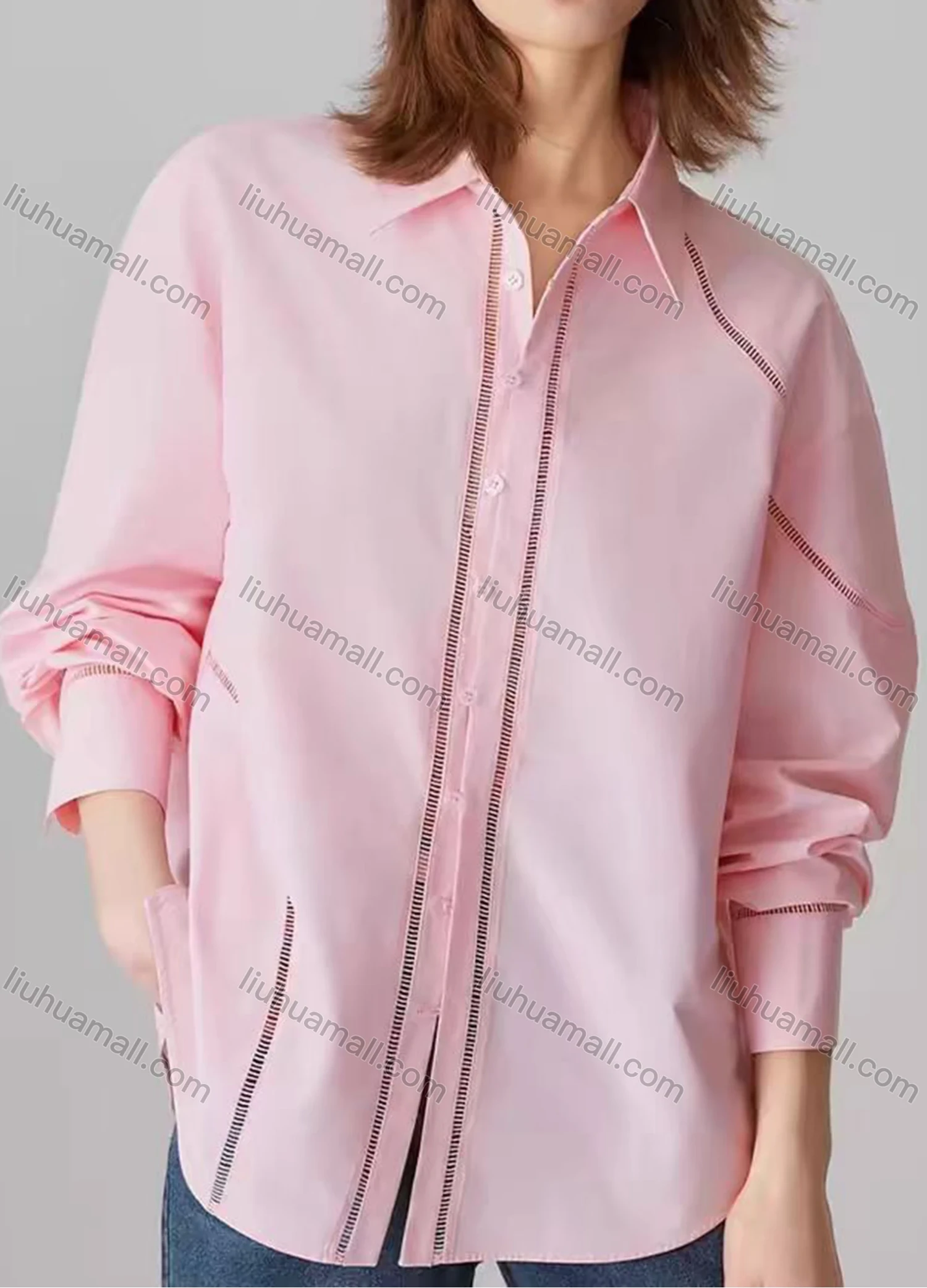 Wholesale Women's Fashion Plain Long Sleeve Collared Button Down Curved Hem Hollow Out Shirt - Liuhuamall