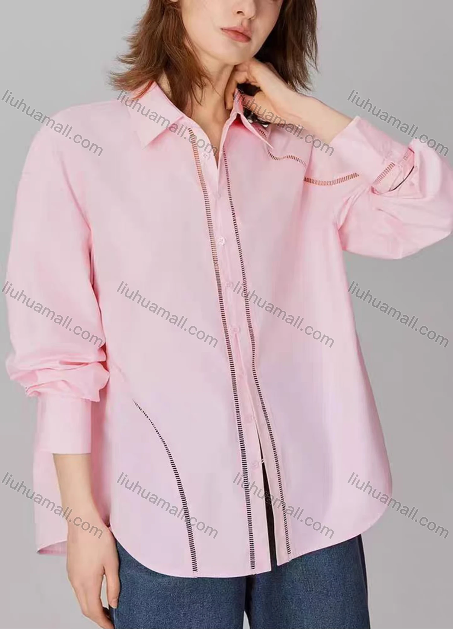 Wholesale Women's Fashion Plain Long Sleeve Collared Button Down Curved Hem Hollow Out Shirt - Liuhuamall