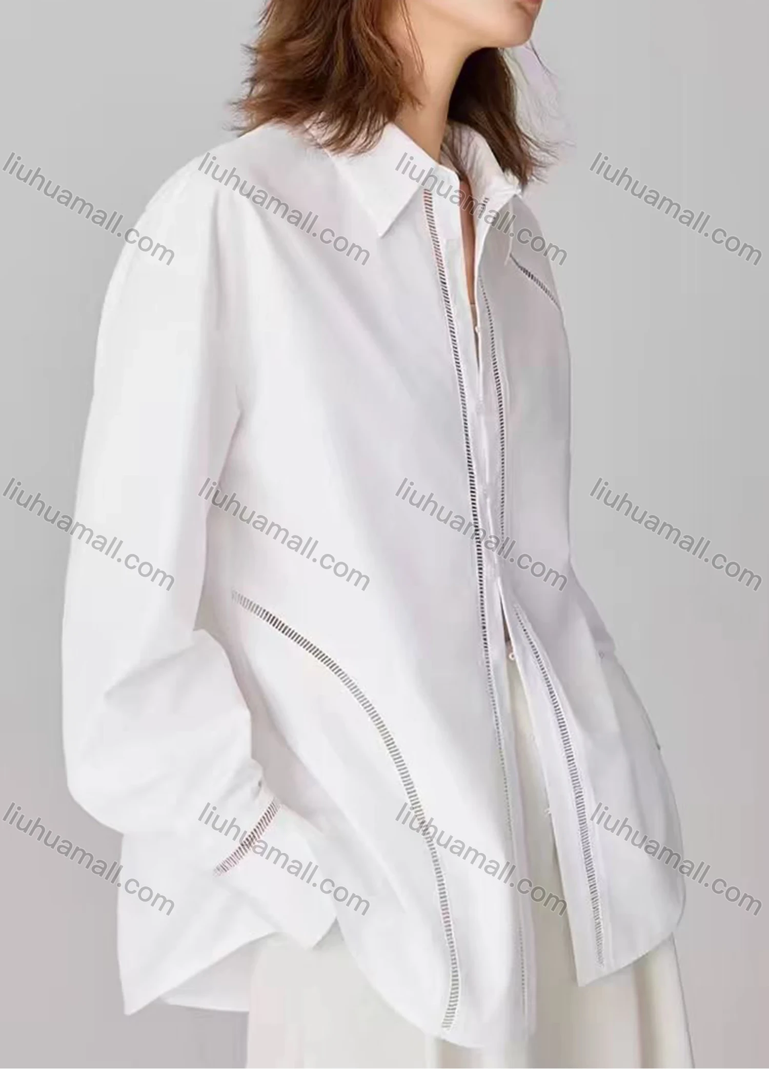 Wholesale Women's Fashion Plain Long Sleeve Collared Button Down Curved Hem Hollow Out Shirt - Liuhuamall