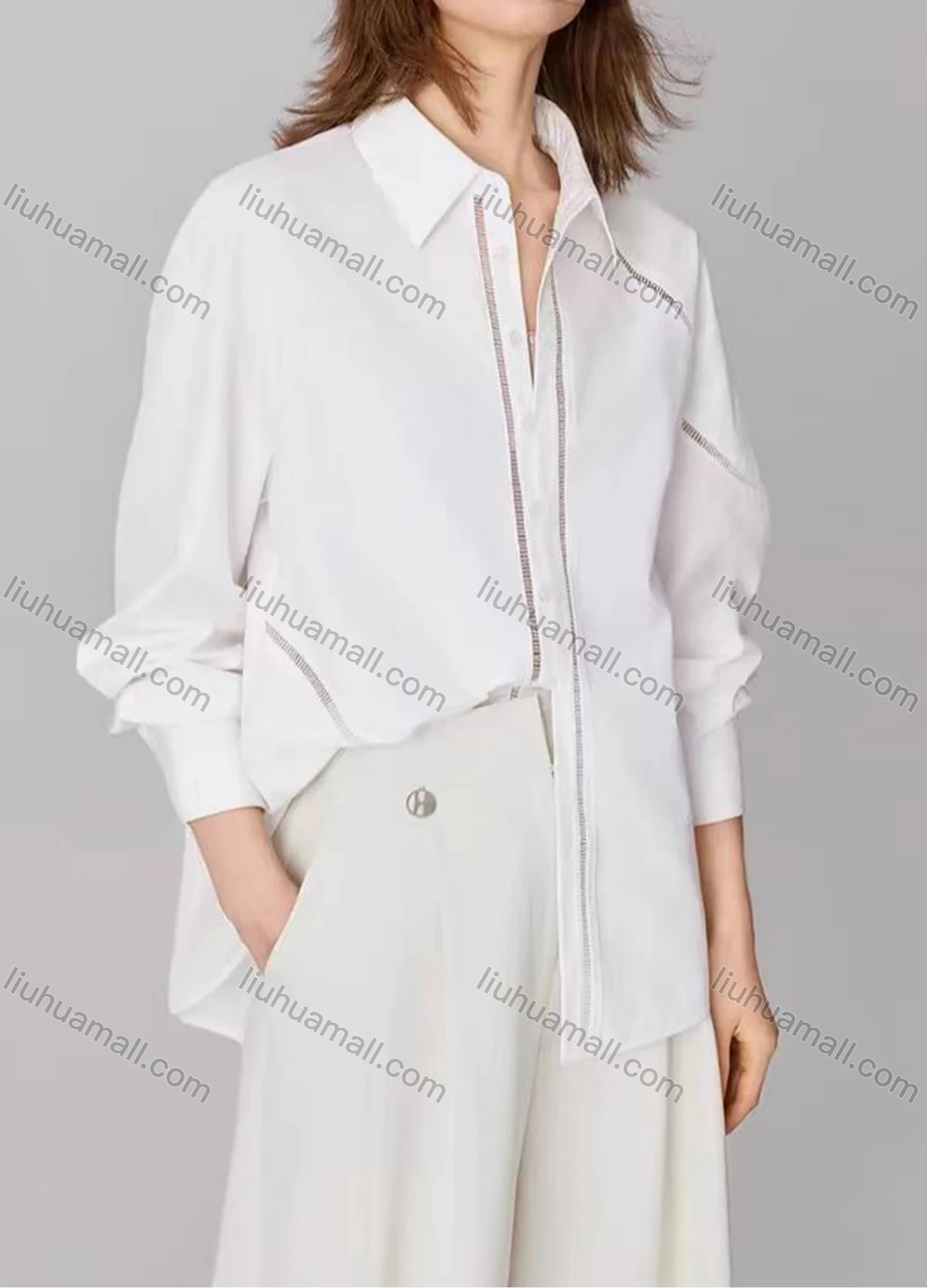 Wholesale Women's Fashion Plain Long Sleeve Collared Button Down Curved Hem Hollow Out Shirt - Liuhuamall
