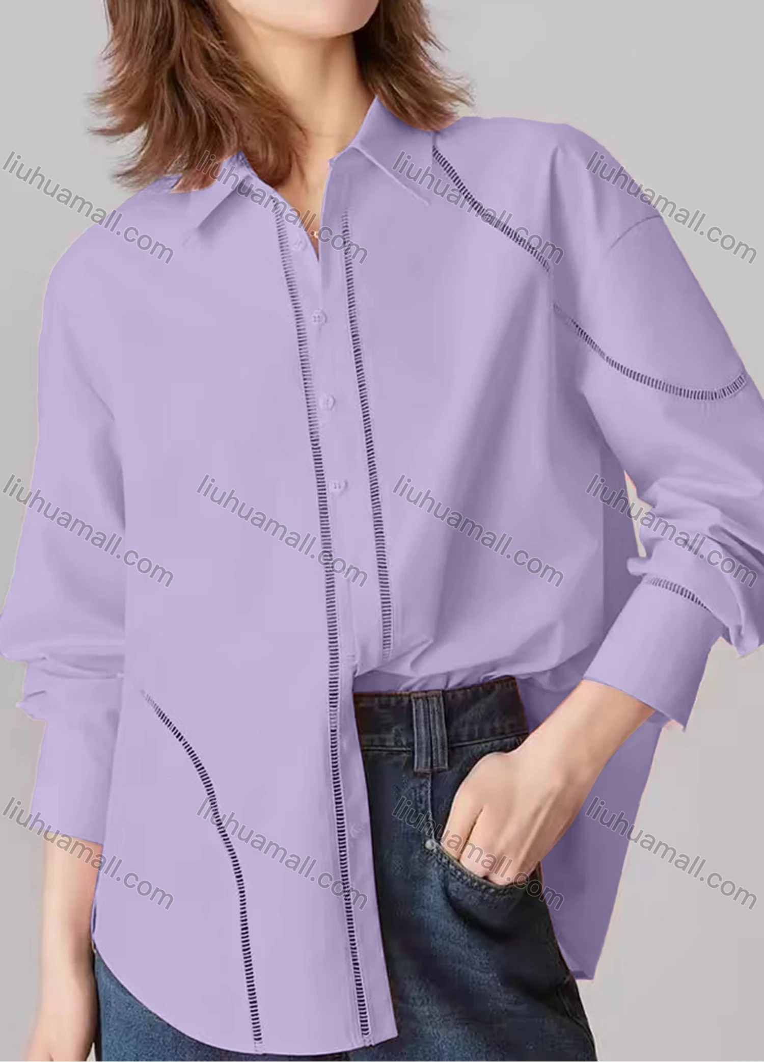 Wholesale Women's Fashion Plain Long Sleeve Collared Button Down Curved Hem Hollow Out Shirt - Liuhuamall