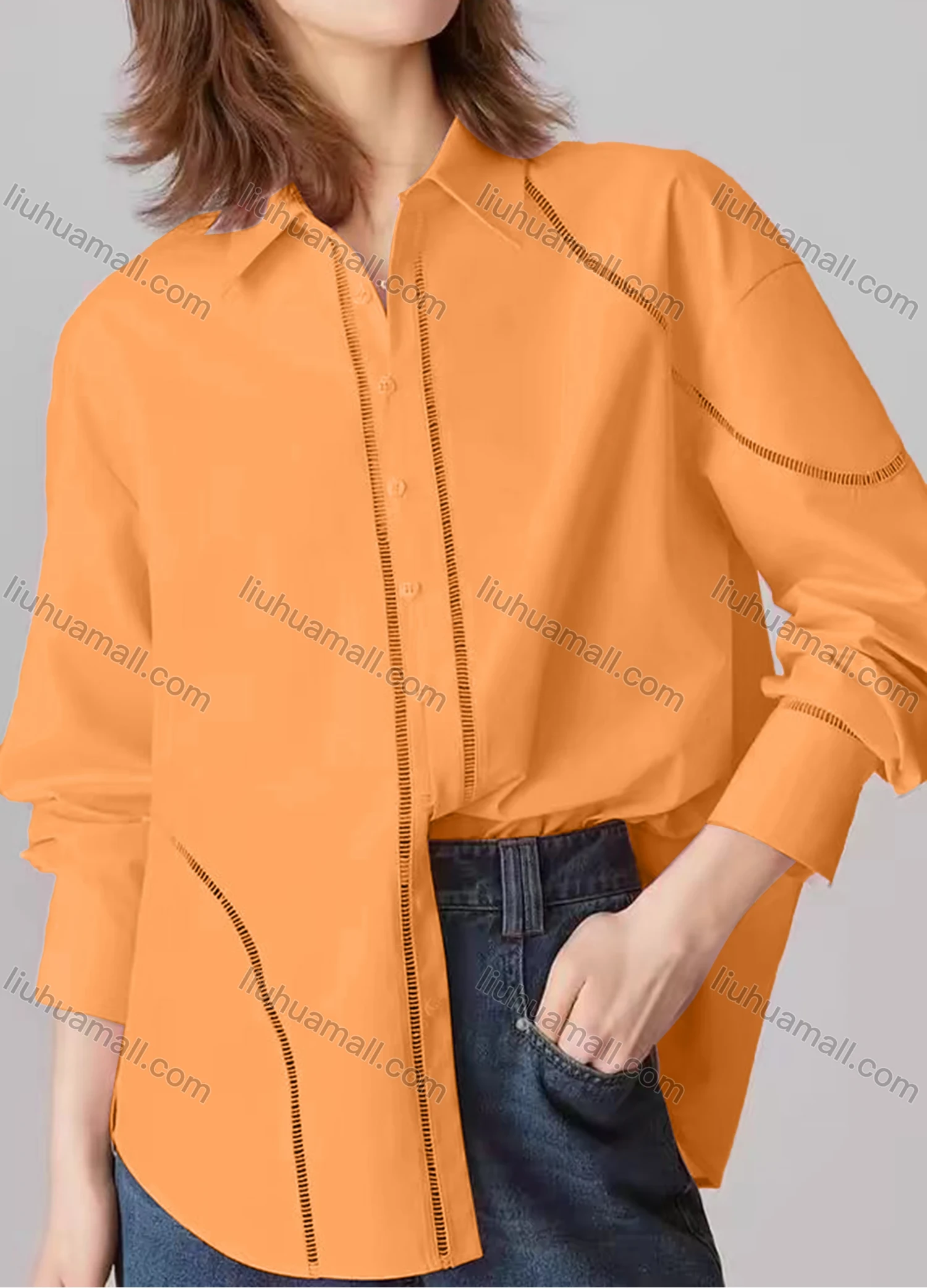 Wholesale Women's Fashion Plain Long Sleeve Collared Button Down Curved Hem Hollow Out Shirt - Liuhuamall