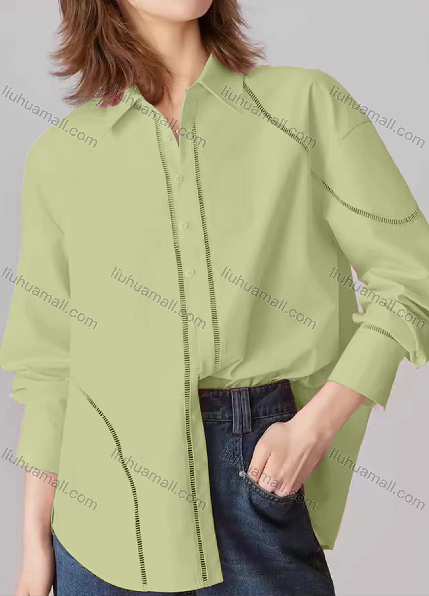 Wholesale Women's Fashion Plain Long Sleeve Collared Button Down Curved Hem Hollow Out Shirt - Liuhuamall
