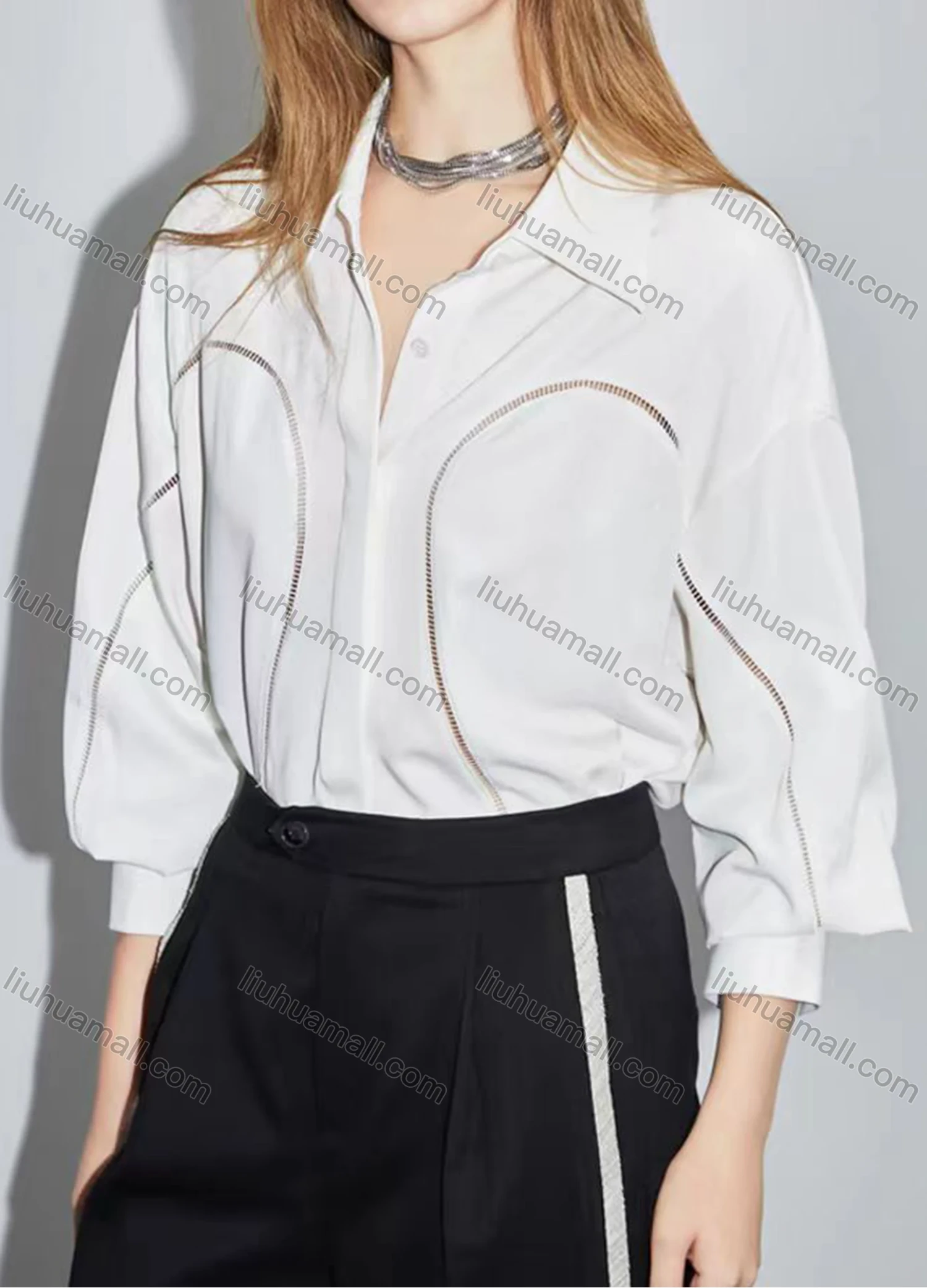 Wholesale Women's Elegant Plain Long Sleeve Collared Button Down Curved Hem Hollow Out Shirt - Liuhuamall