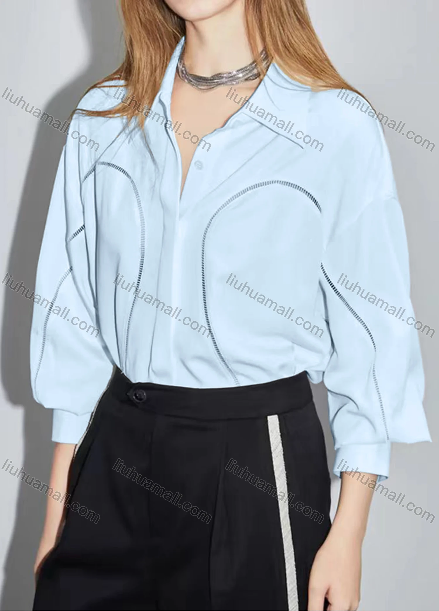 Wholesale Women's Elegant Plain Long Sleeve Collared Button Down Curved Hem Hollow Out Shirt - Liuhuamall