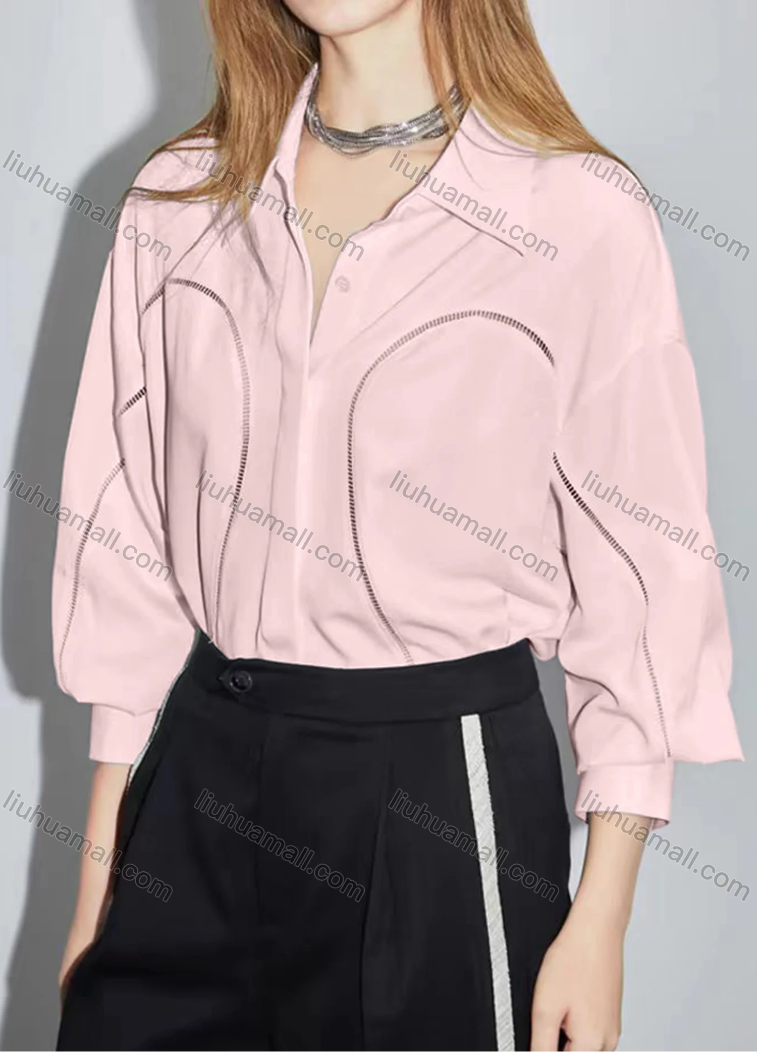 Wholesale Women's Elegant Plain Long Sleeve Collared Button Down Curved Hem Hollow Out Shirt - Liuhuamall