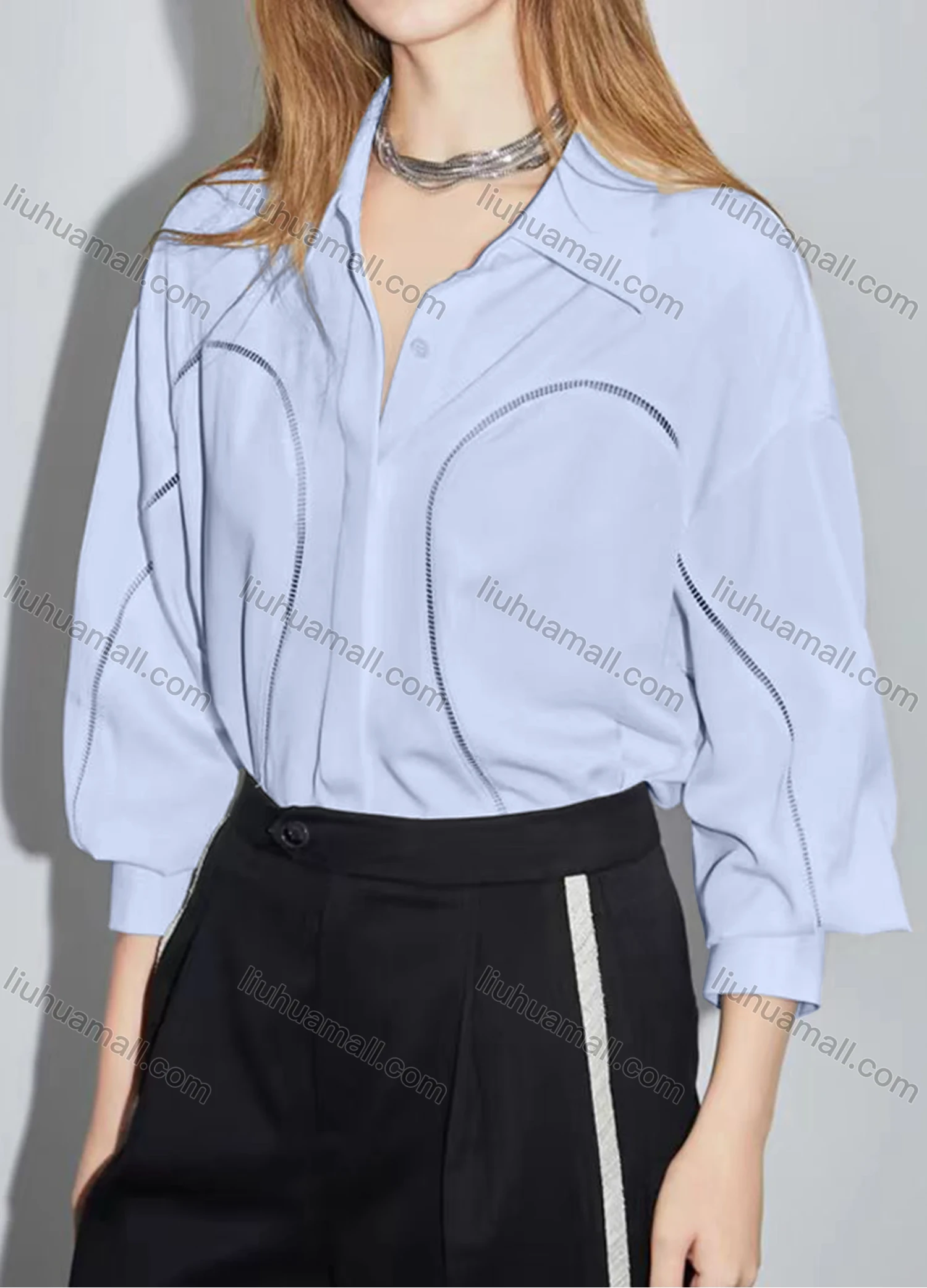Wholesale Women's Elegant Plain Long Sleeve Collared Button Down Curved Hem Hollow Out Shirt - Liuhuamall