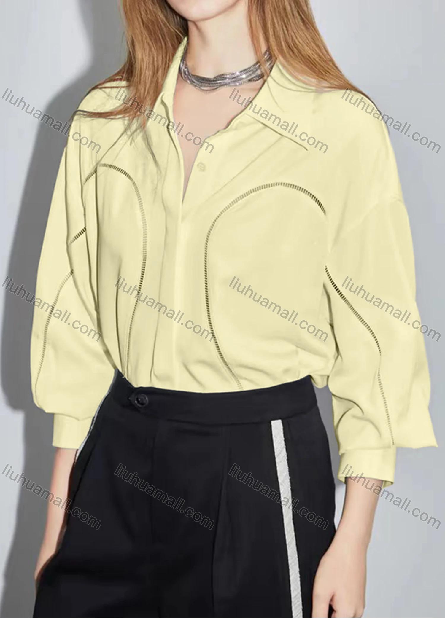 Wholesale Women's Elegant Plain Long Sleeve Collared Button Down Curved Hem Hollow Out Shirt - Liuhuamall